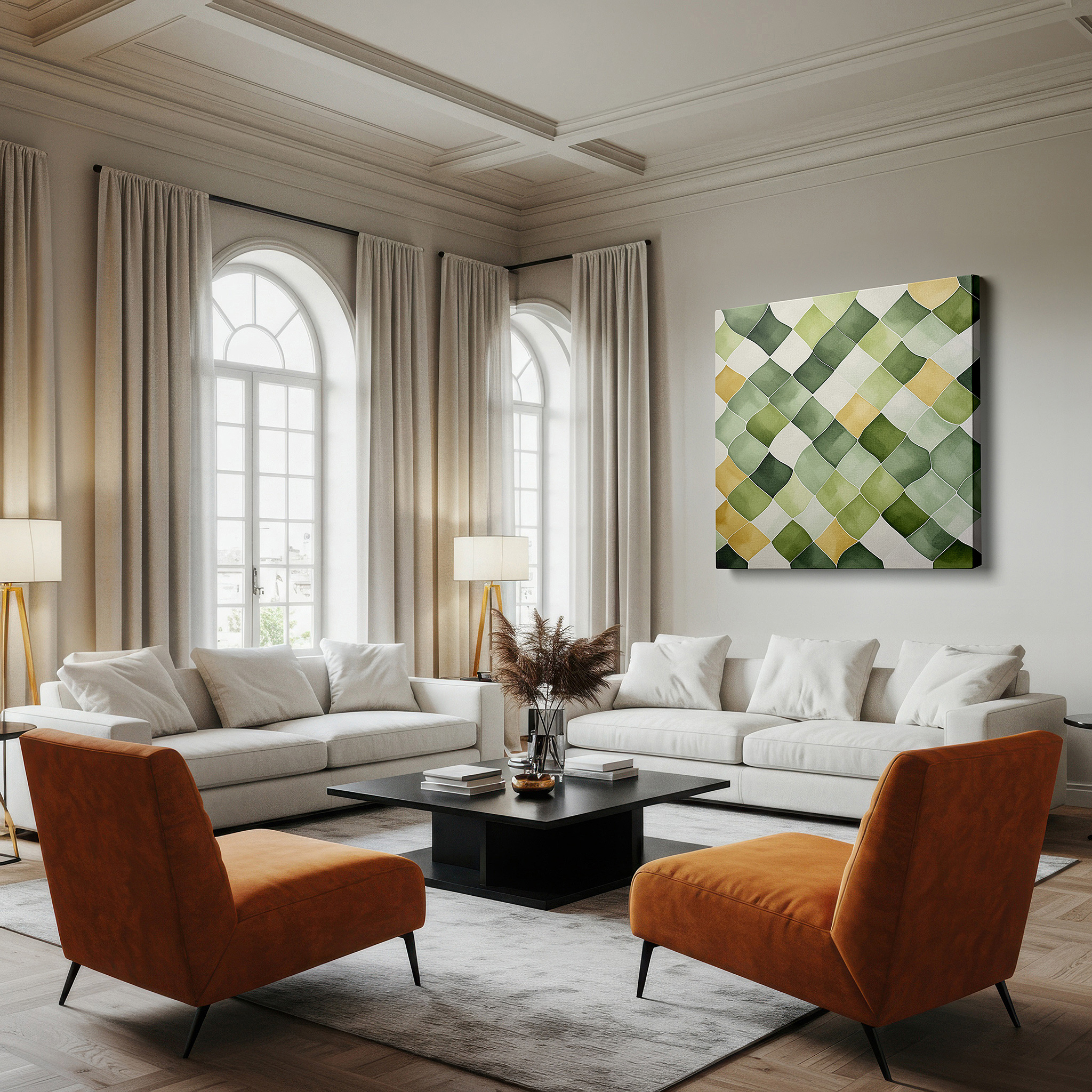 Hung in a cozy reading nook beside a floor lamp and bookshelf — abstract symphony of soothing greens and sunlit yellows: nature's essence through curves, large canvas wall art