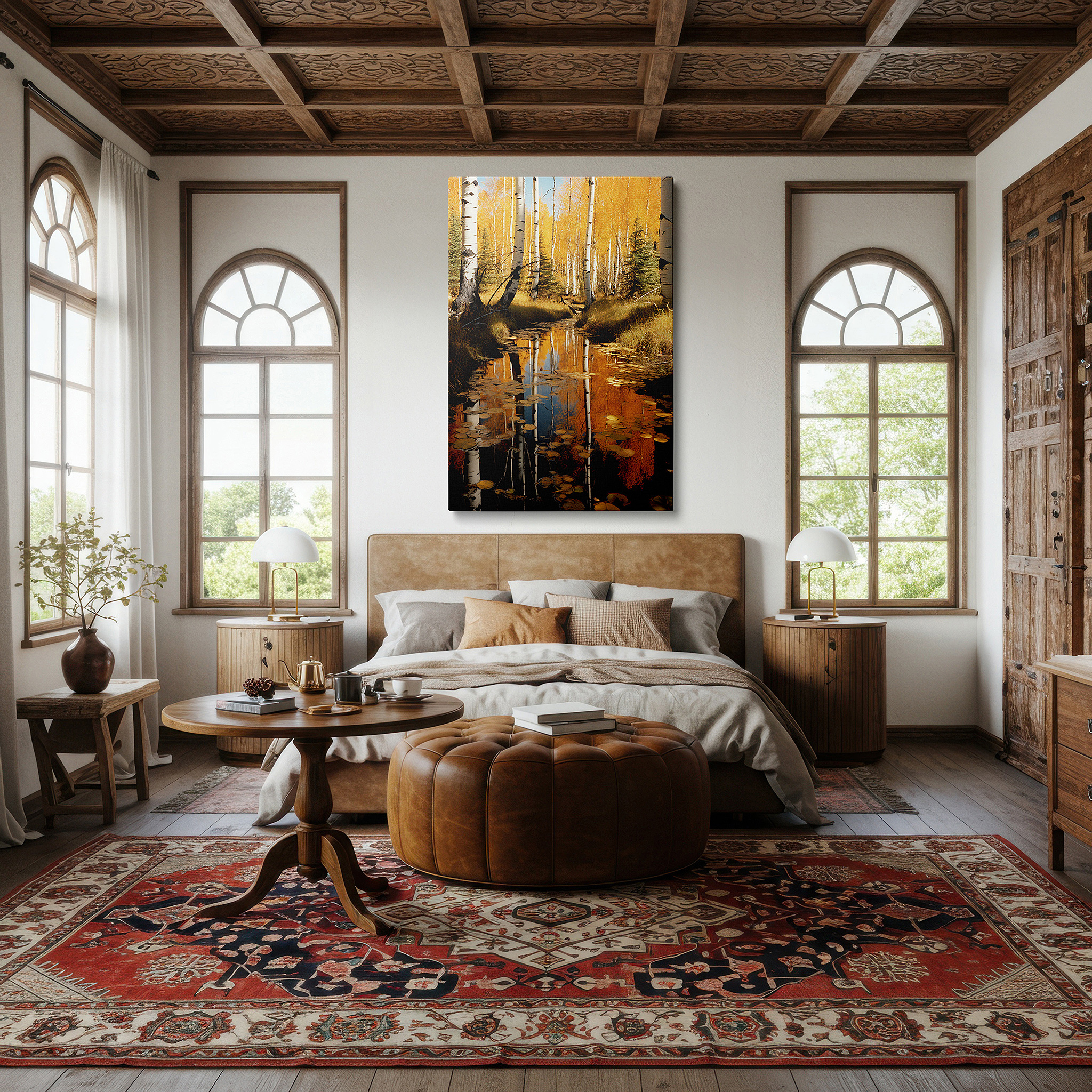 Hung in a cozy reading nook beside a floor lamp and bookshelf — autumn aspen reflections on a tranquil forest pond - large canvas wall art for office, bedroom, and living room decor