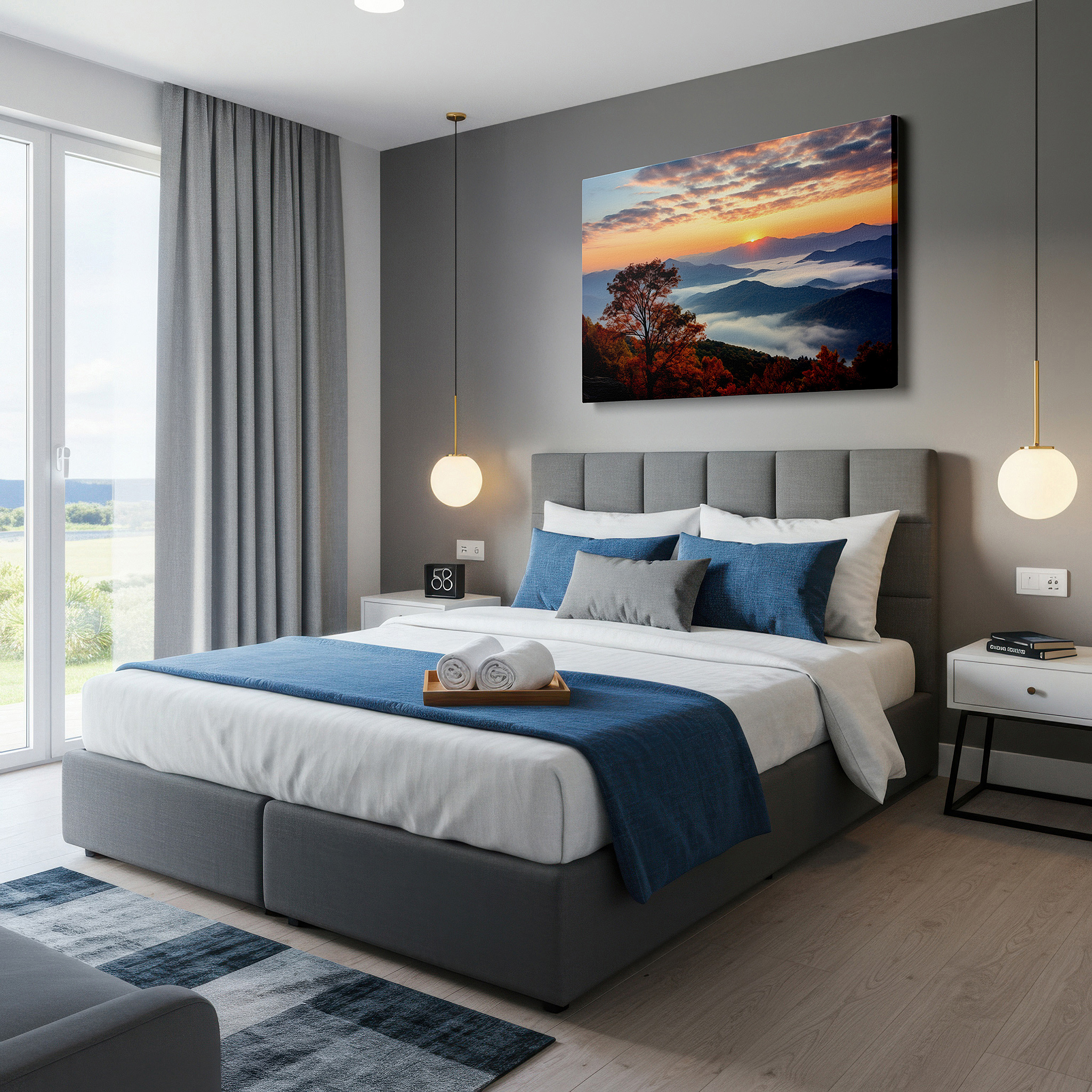 Hung in a cozy reading nook beside a floor lamp and bookshelf — autumn sunset over rolling hills - a vivid celebration of nature's canvas: large wall art, canvas wall art, wall art decor for offices and bedrooms