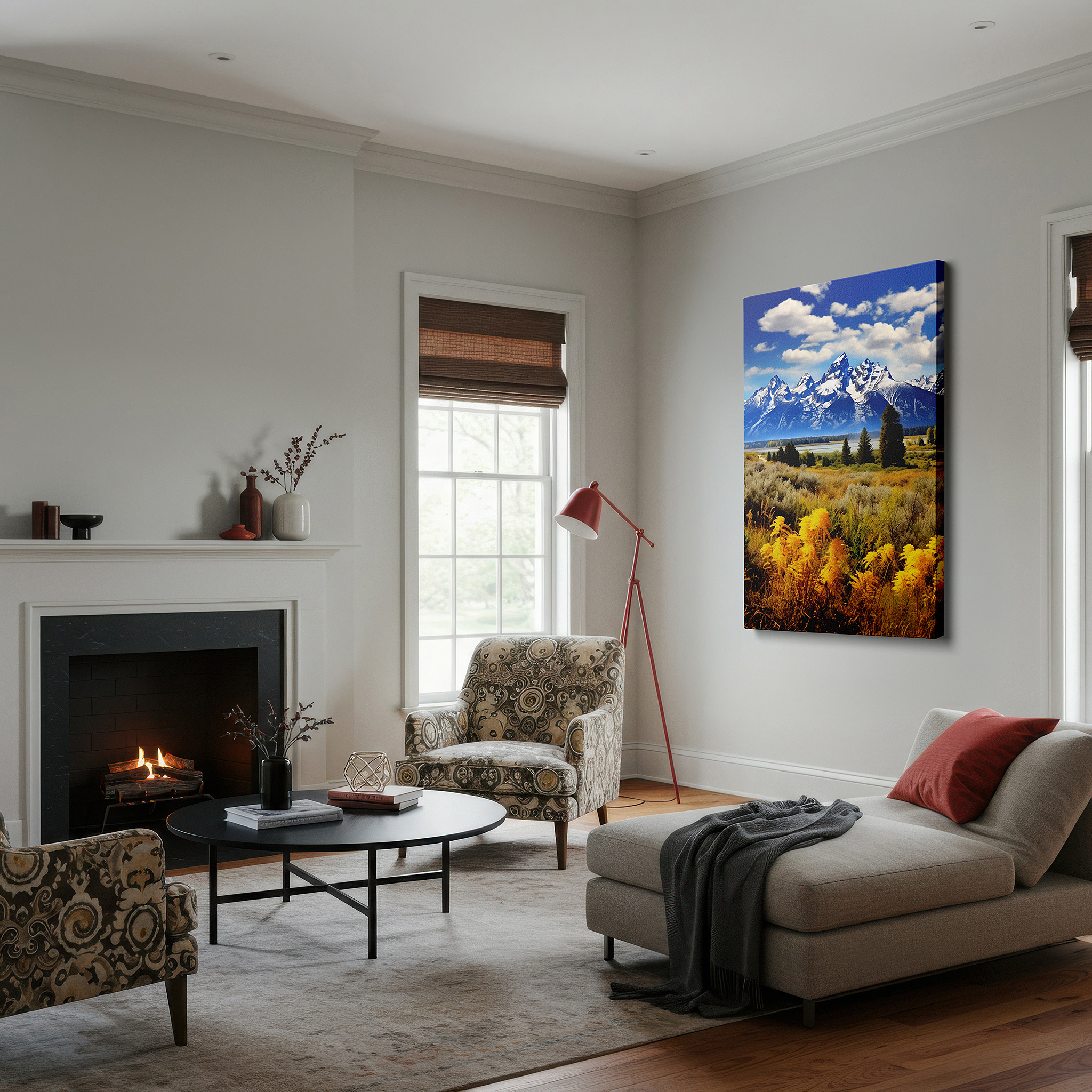 Hung in a cozy reading nook beside a floor lamp and bookshelf — autumn symphony: majestic tetons and reflective waters - serene mountain grandeur large wall art, canvas wall art, wall decor for office