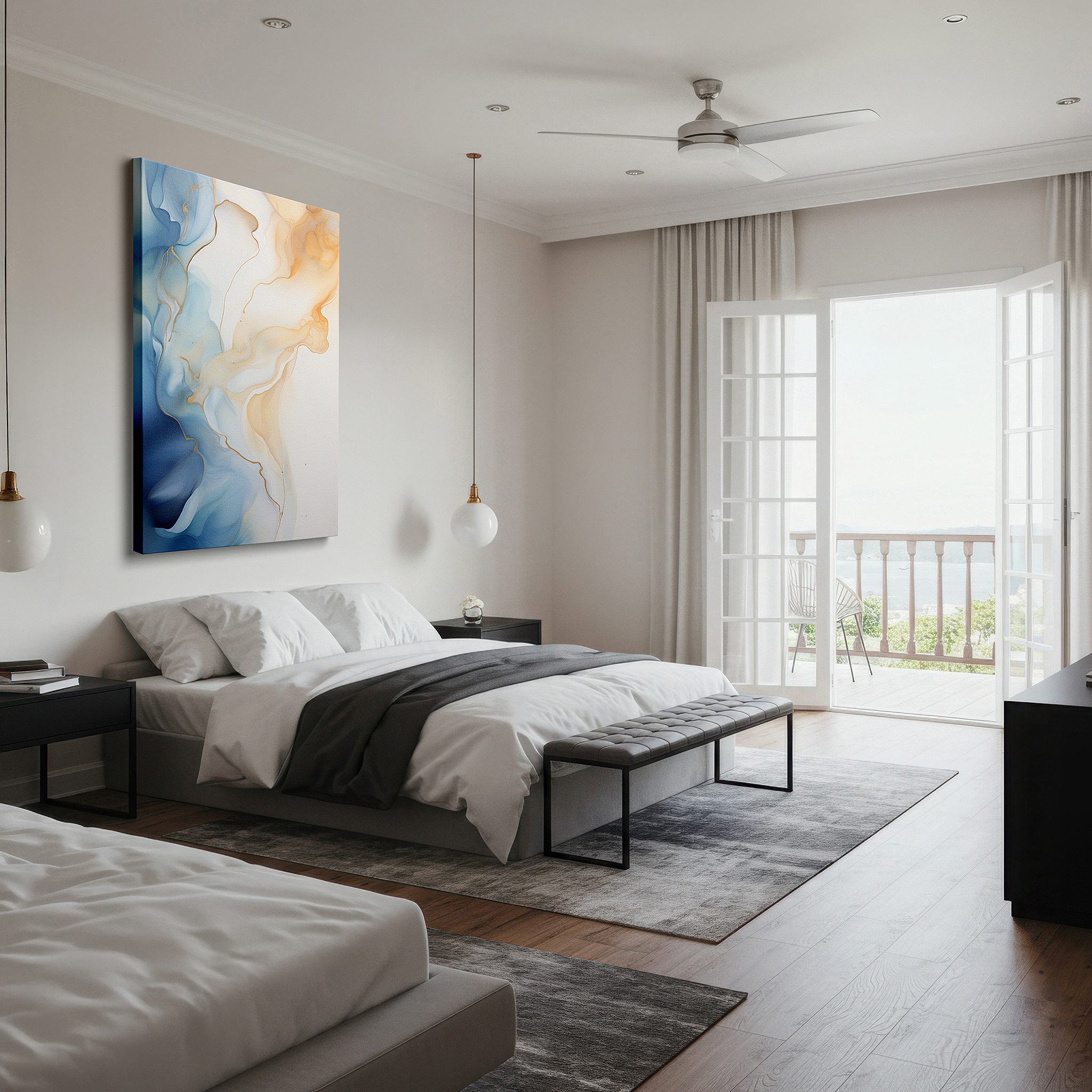 Hung in a cozy reading nook beside a floor lamp and bookshelf — blue and gold symphony of serenity: a visual journey of emotion and elegance - large canvas wall art for office decor