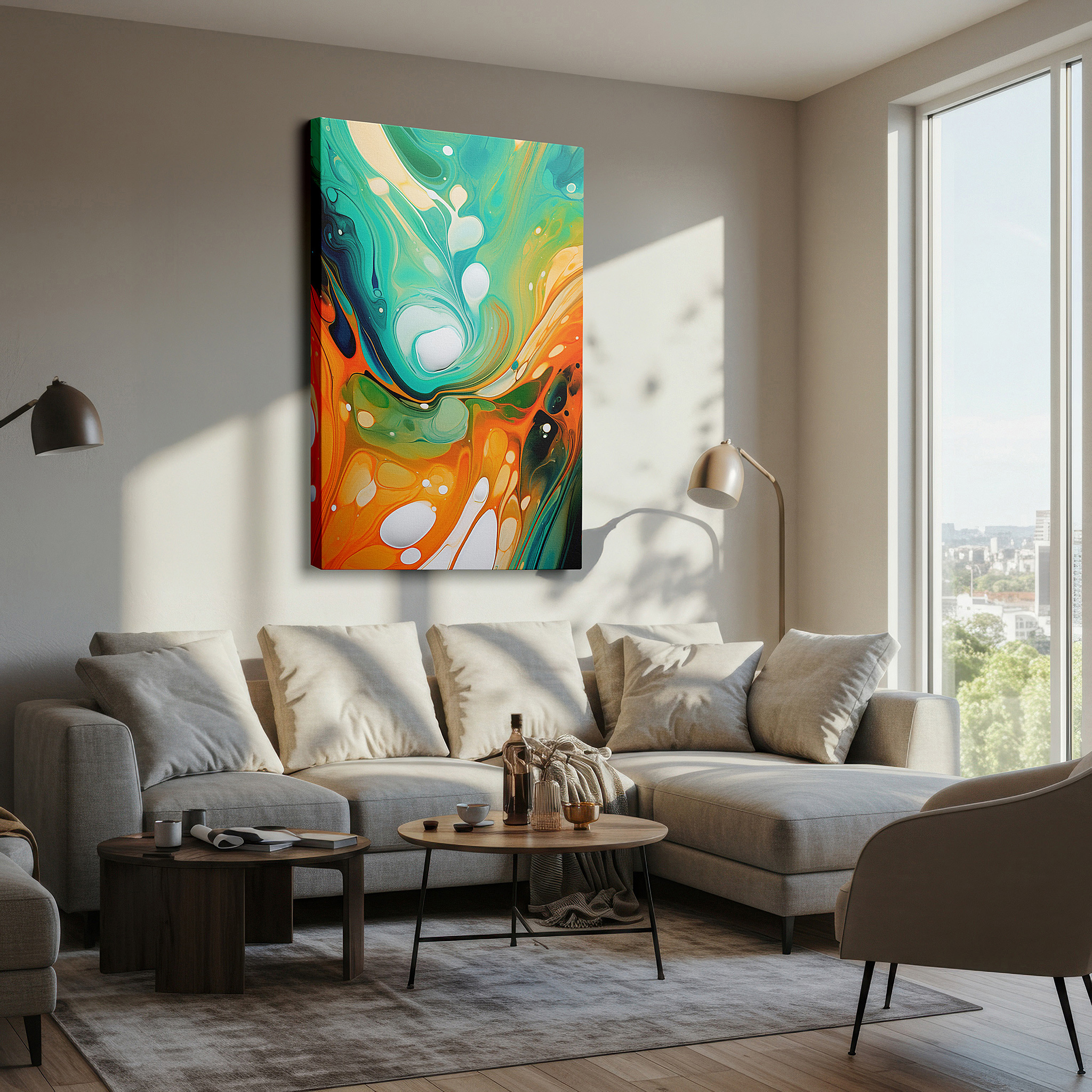 Hung in a cozy reading nook beside a floor lamp and bookshelf — blue and orange swirls dance - dynamic abstract expression of motion and emotion, large canvas wall art for office decor