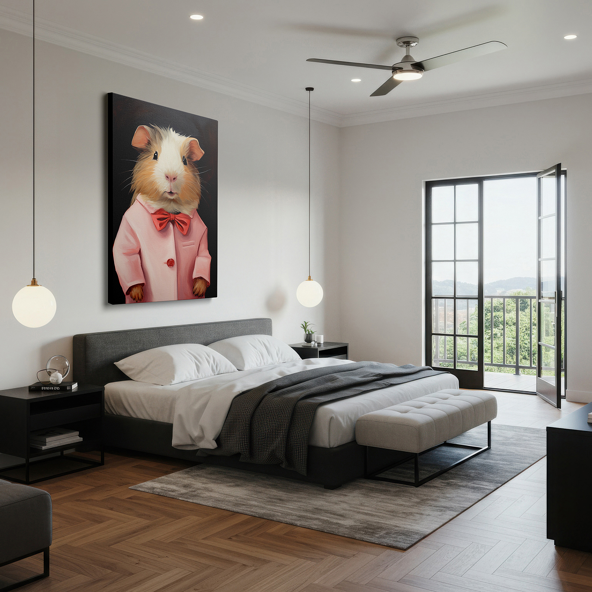 Hung in a cozy reading nook beside a floor lamp and bookshelf — charming and sophisticated guinea pig in pink coat and bowtie large canvas wall art, perfect for office decor