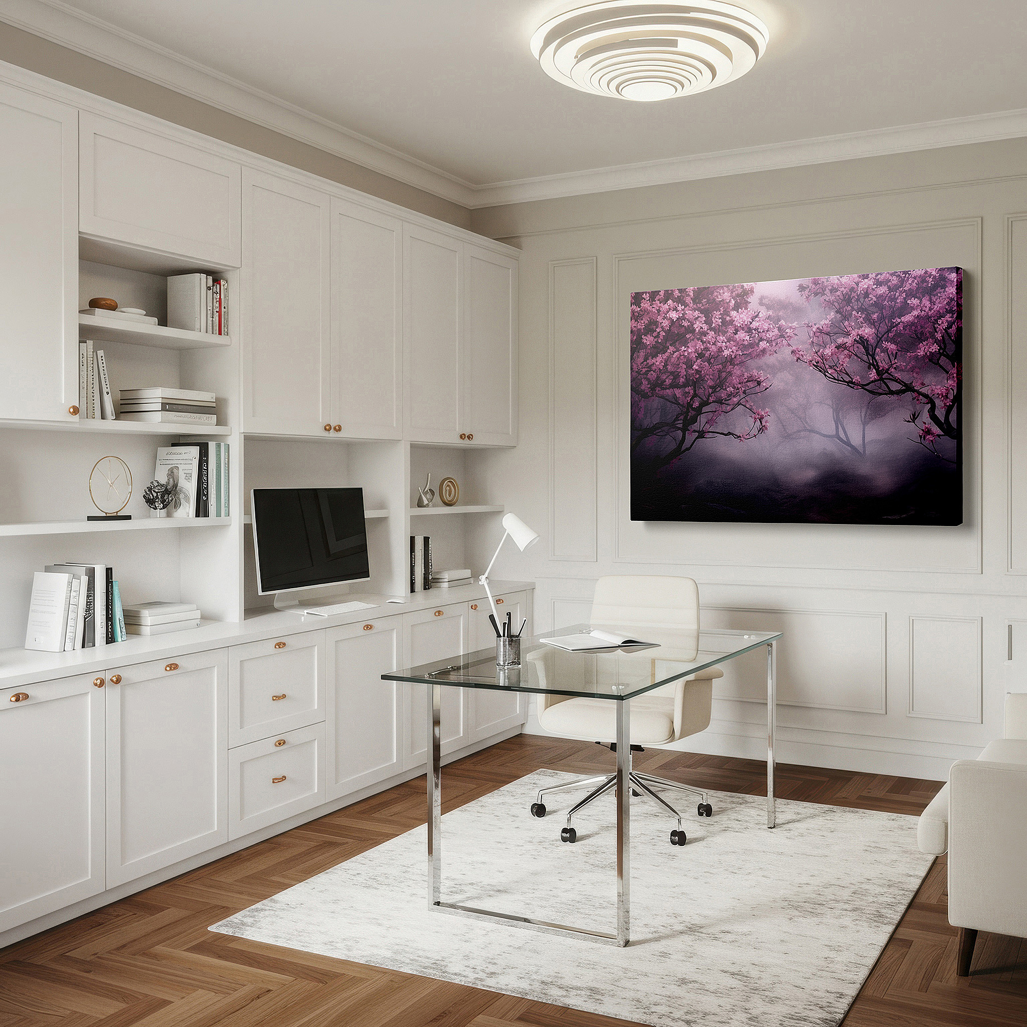 Hung in a cozy reading nook beside a floor lamp and bookshelf — cherry blossoms in mist: dreamlike large wall art, canvas decor for office