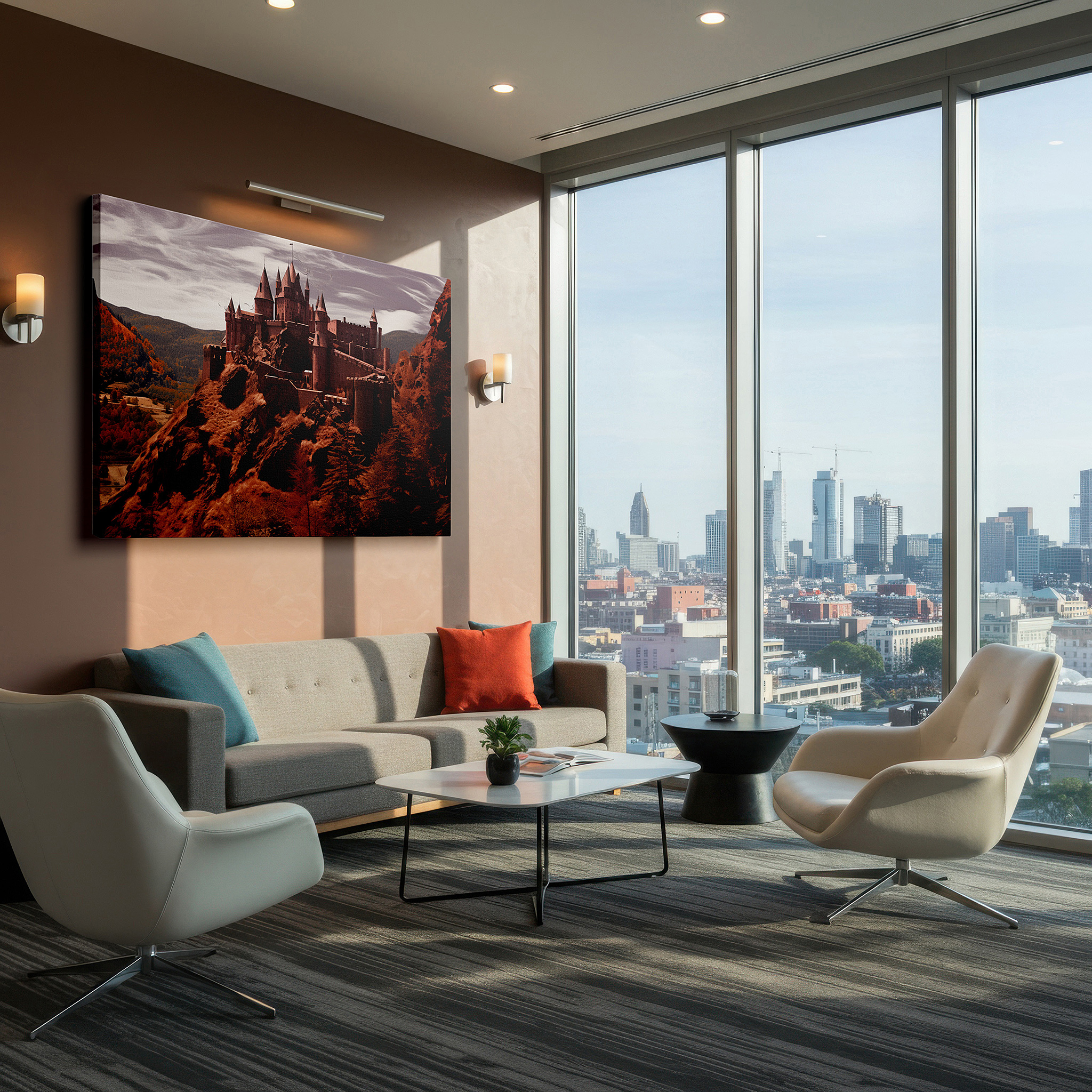 Hung in a cozy reading nook beside a floor lamp and bookshelf — cliff-top fortress - celebrating ancient craftsmanship and the splendor of nature, large canvas wall art for office decor