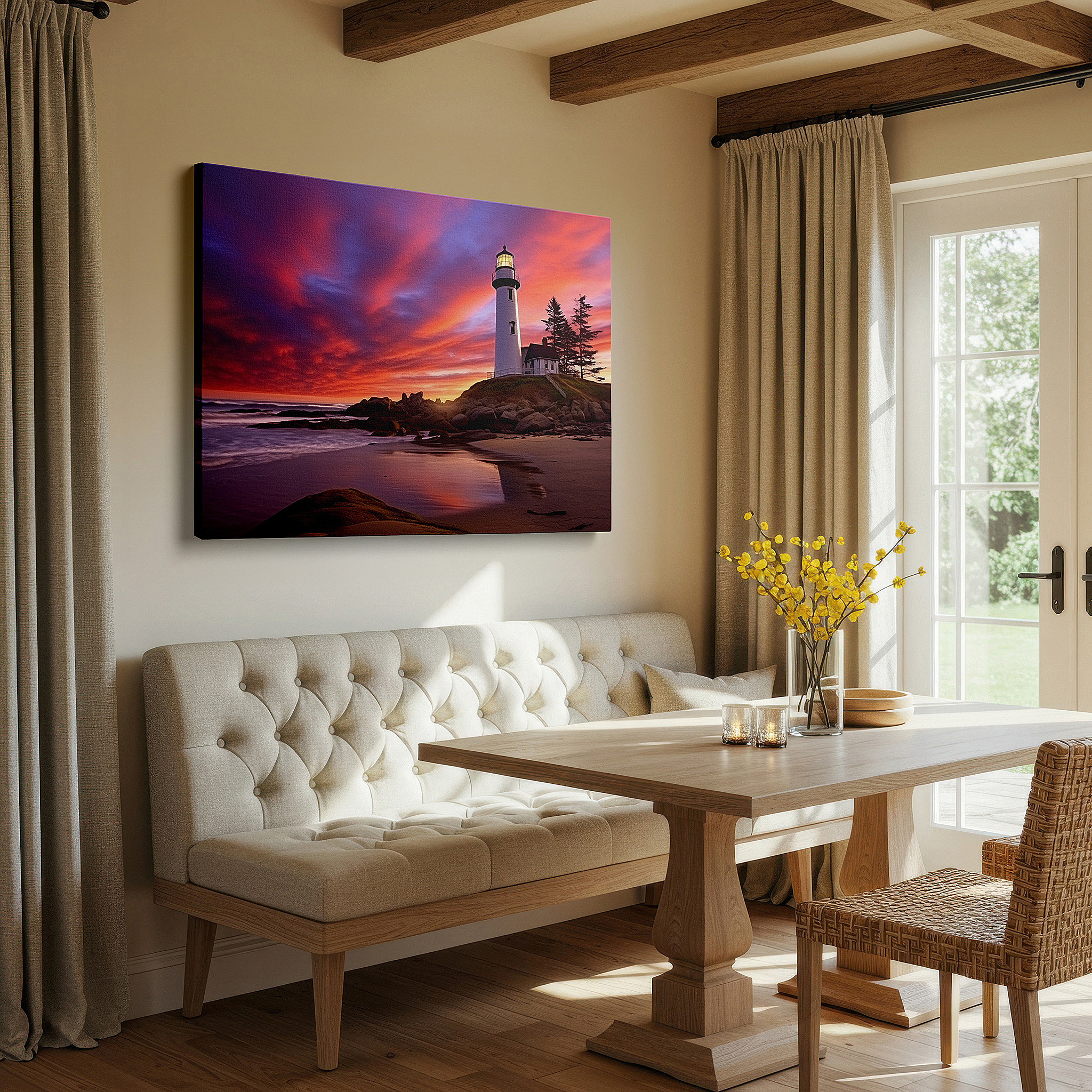 Hung in a cozy reading nook beside a floor lamp and bookshelf — coastal sunset majesty: lighthouse serenity under vibrant skies - large canvas wall art for office and bedroom decor