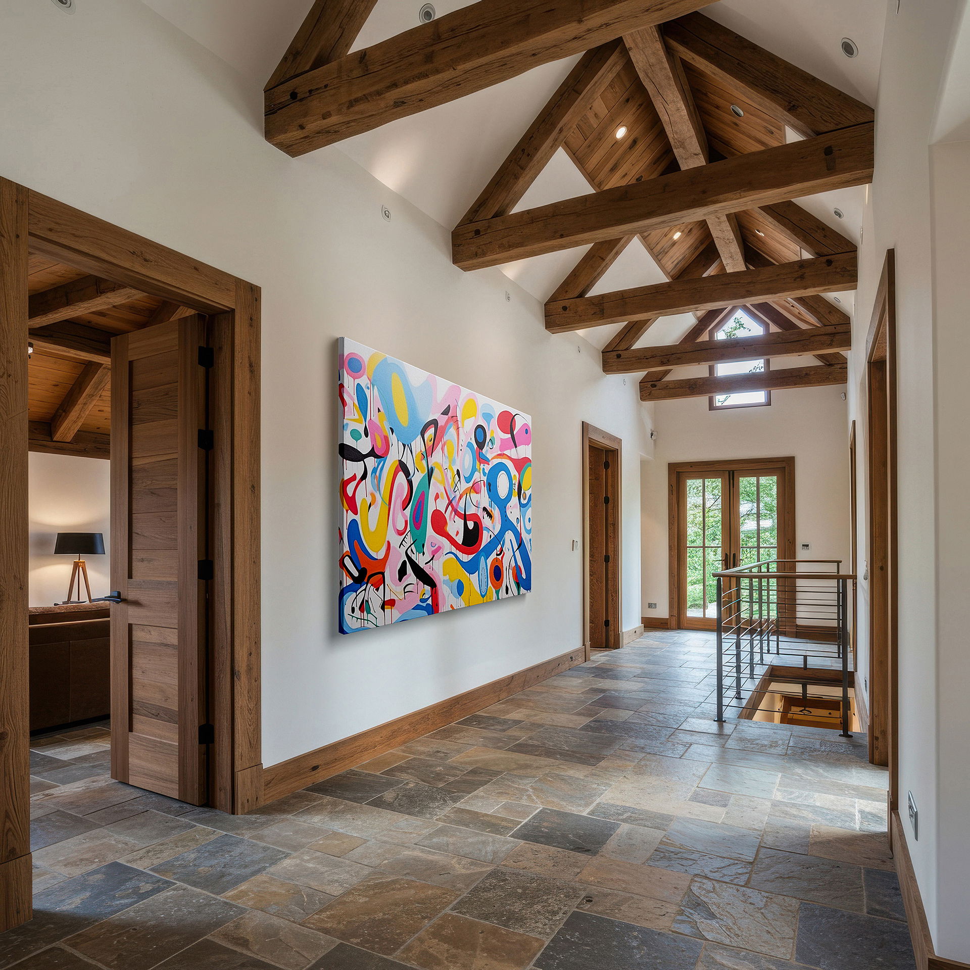 Hung in a cozy reading nook beside a floor lamp and bookshelf — colorful abstract exploration in color and motion: large canvas wall art for office, bedroom, and living room decor