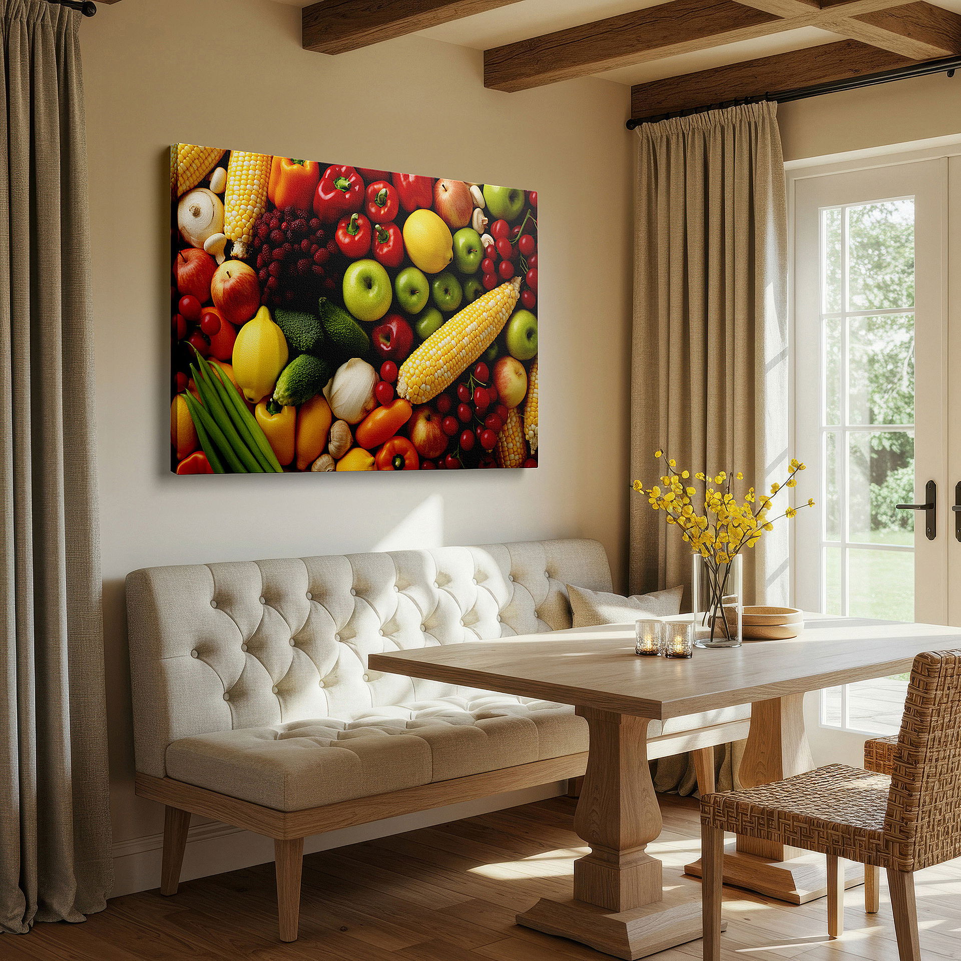 Hung in a cozy reading nook beside a floor lamp and bookshelf — a colorful celebration of nature featuring corn, peppers, and apples - large wall art, canvas wall art, wall decor for office and bedroom