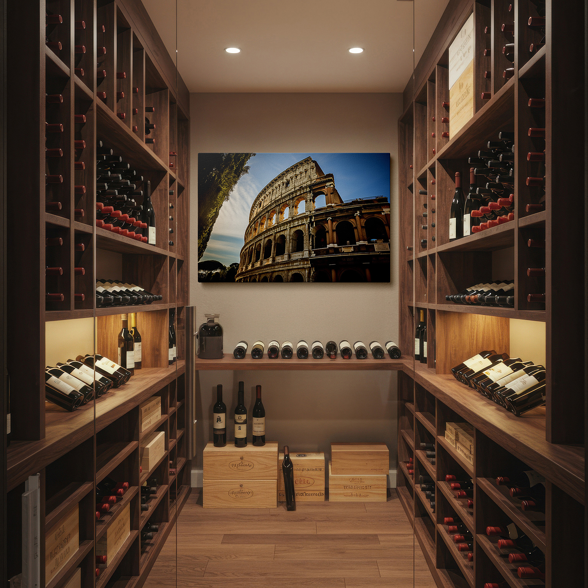 Hung in a cozy reading nook beside a floor lamp and bookshelf — colosseum daytime splendor: a journey through rome's storied past - large canvas wall art for office and bedroom decor
