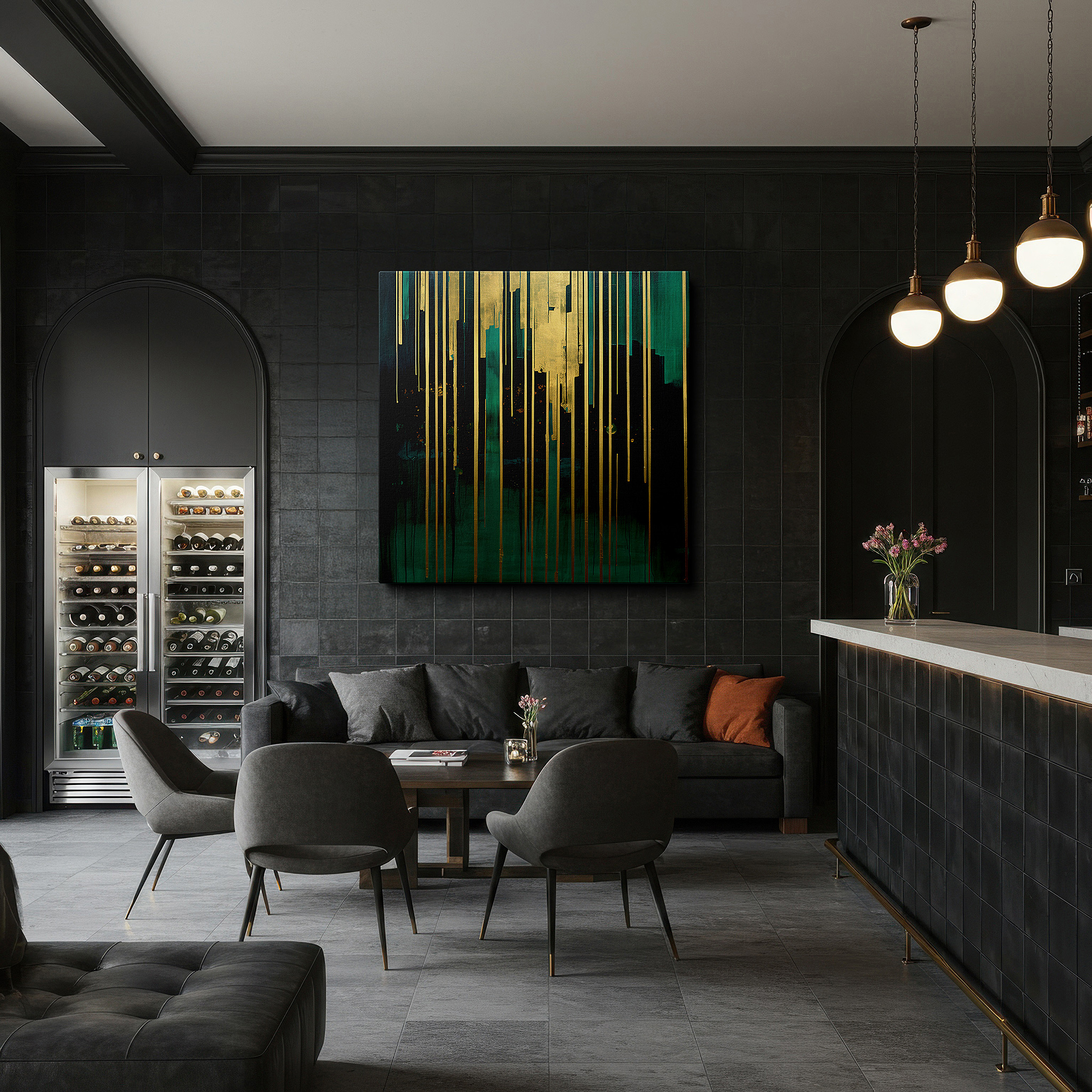 Hung in a cozy reading nook beside a floor lamp and bookshelf — contemporary creativity captured: vivid green and rich gold lines large wall art, canvas wall art, wall decor for office