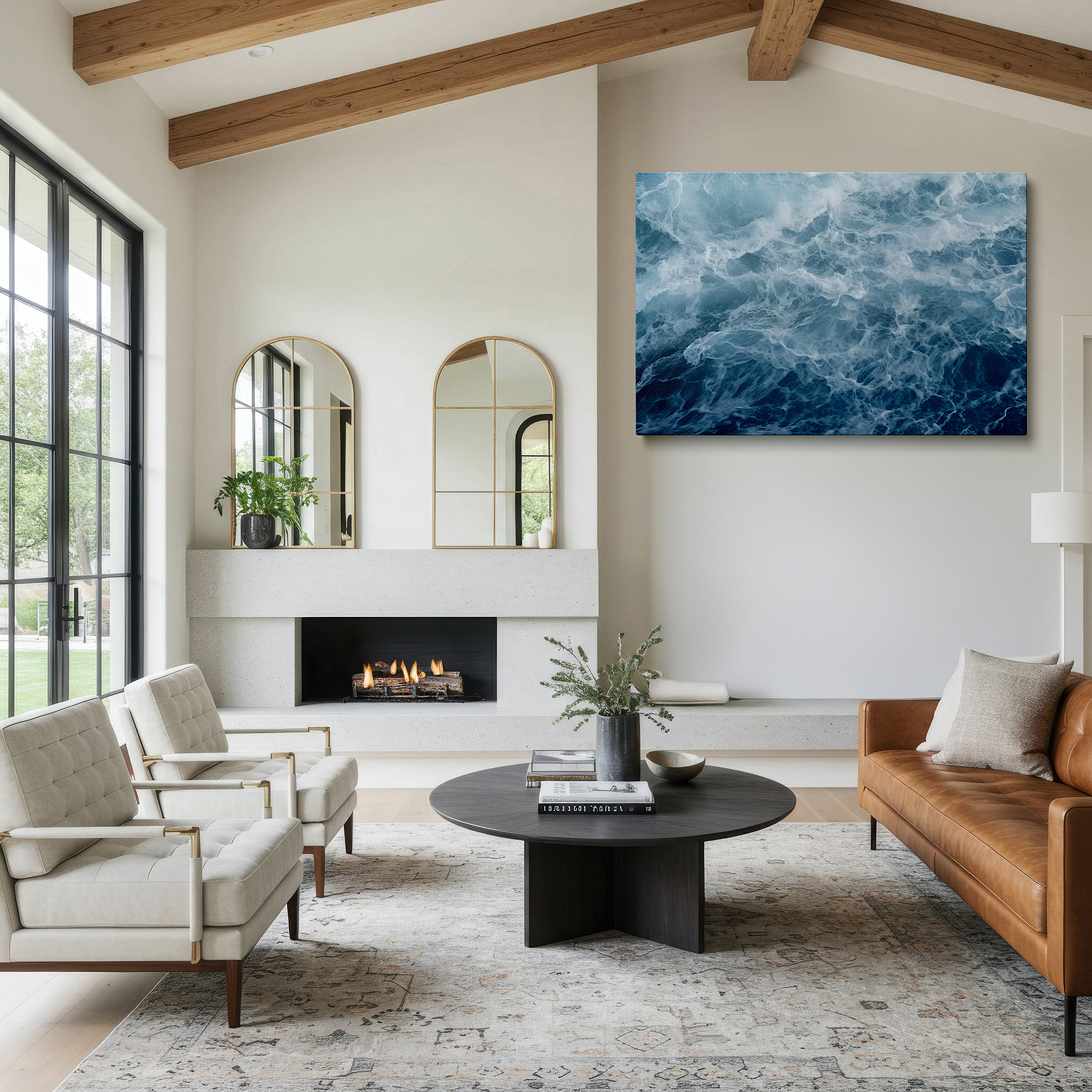 Hung in a cozy reading nook beside a floor lamp and bookshelf — crashing waves - a striking display of nature's force and calm in blue, large canvas wall art for home and office decor