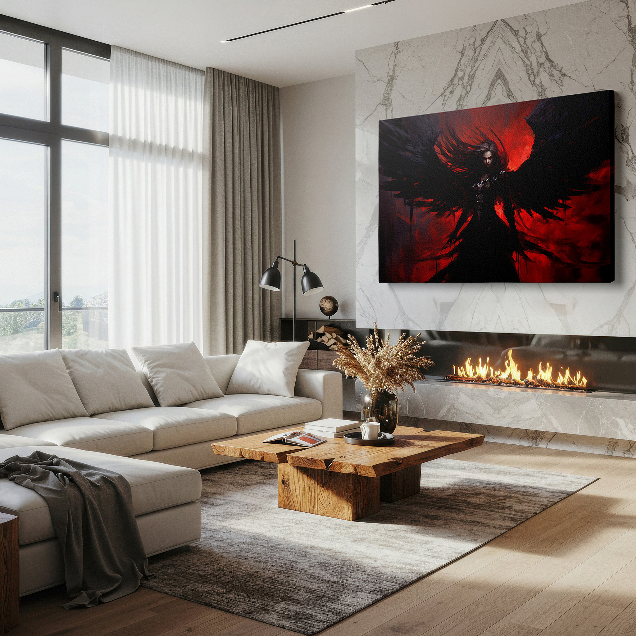 Hung in a cozy reading nook beside a floor lamp and bookshelf — dark angel in metallic armor with a crimson background, emblematic of resilience and mythical strength, large canvas wall art for office decor