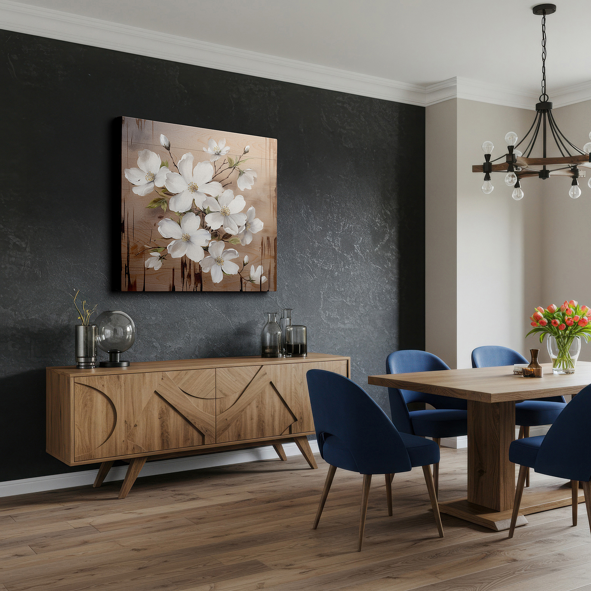 Hung in a cozy reading nook beside a floor lamp and bookshelf — delicate white flowers on a rustic wooden board - a serene combination of natural beauty and artistic skill large wall art, canvas wall art, wall art decor