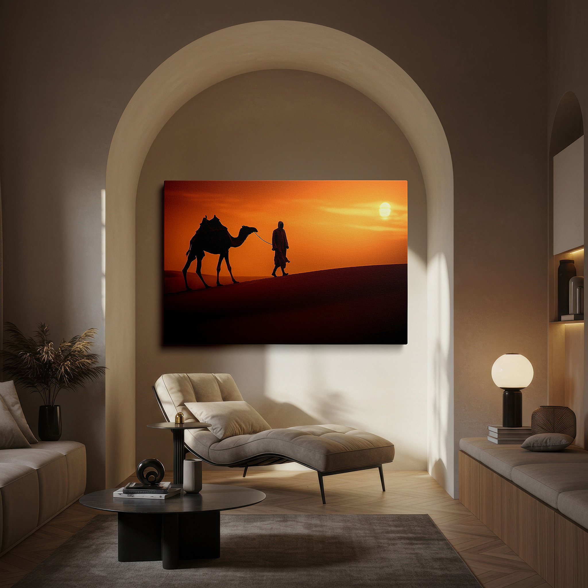 Hung in a cozy reading nook beside a floor lamp and bookshelf — desert voyage at dusk: a story of persistence and splendor in nature - large wall art, canvas, home and office decor