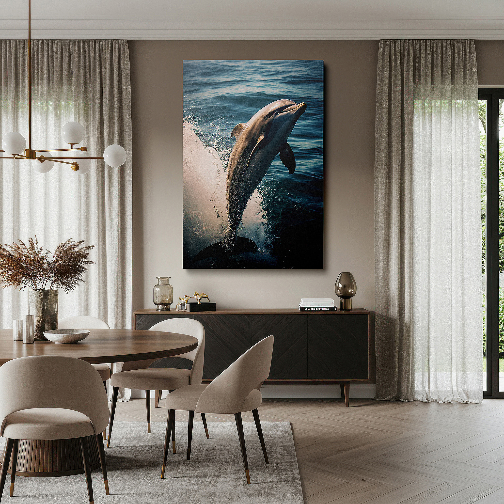 Hung in a cozy reading nook beside a floor lamp and bookshelf — dolphin's joyful leap into sparkling waters: large wall art, canvas wall art, wall art decor for office and bedroom