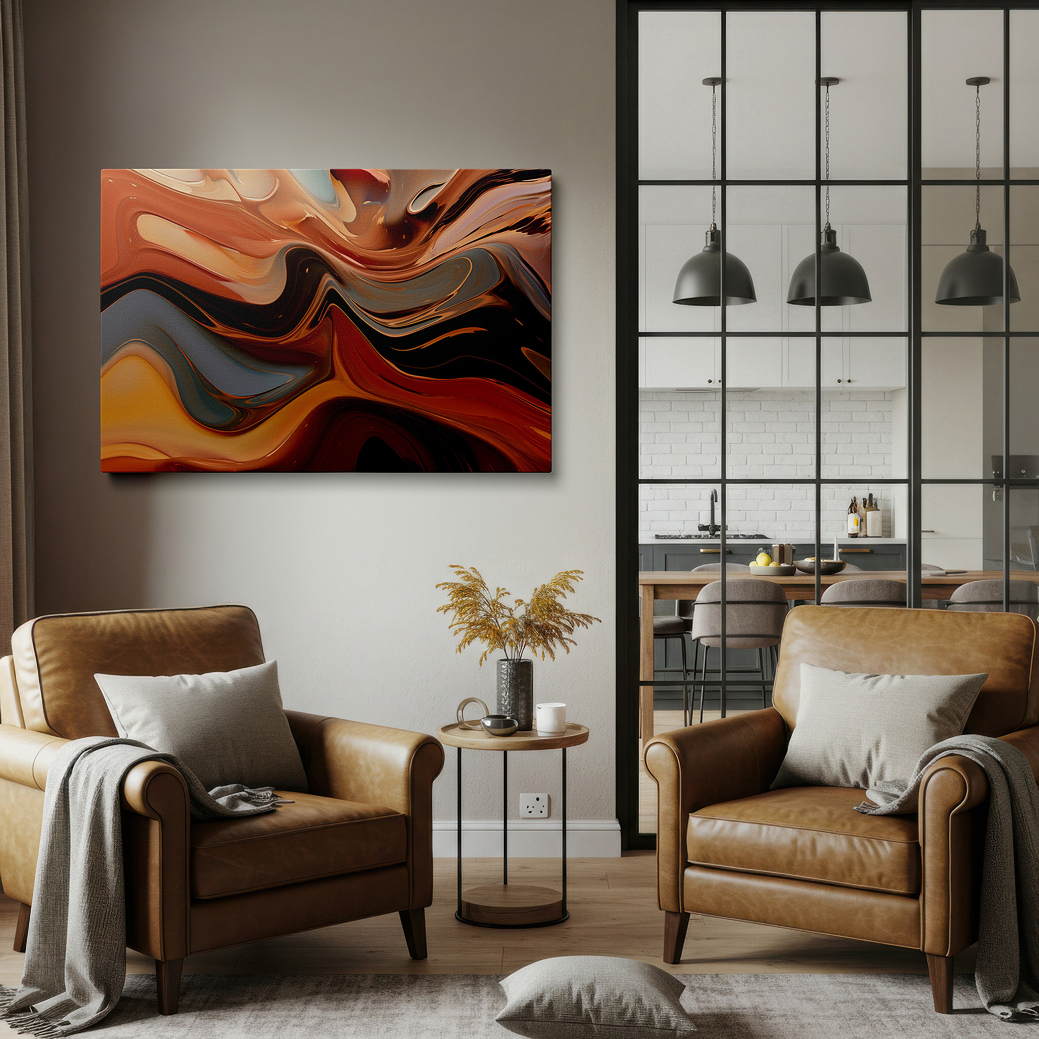 Hung in a cozy reading nook beside a floor lamp and bookshelf — dynamic waves and earthy tones embody movement in this abstract masterpiece: large wall art, canvas wall art, wall decor for offices