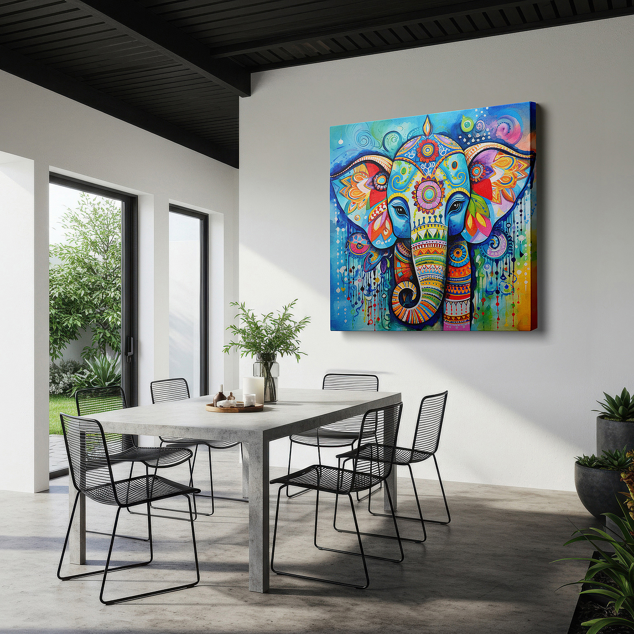 Hung in a cozy reading nook beside a floor lamp and bookshelf — elephant mandala symbolizing unity and spiritual growth - large canvas wall art for office and bedroom decor