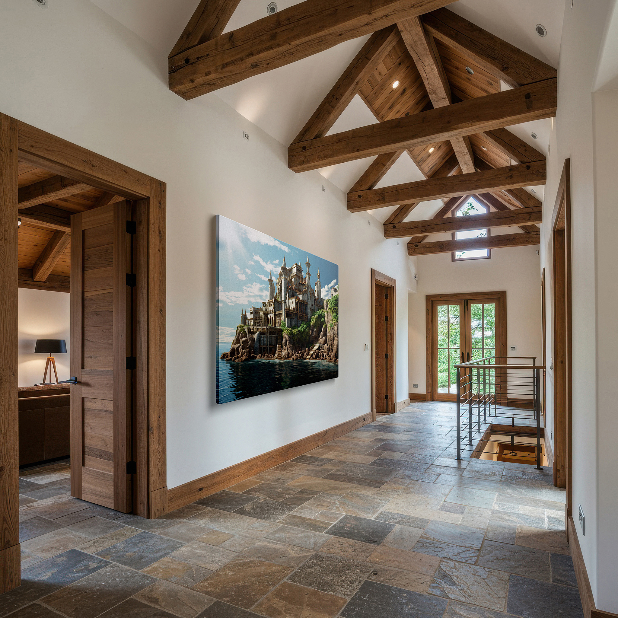 Hung in a cozy reading nook beside a floor lamp and bookshelf — enchanted castle on cliff canvas art: gateway to adventure and imagination, ideal for office and bedroom wall decor