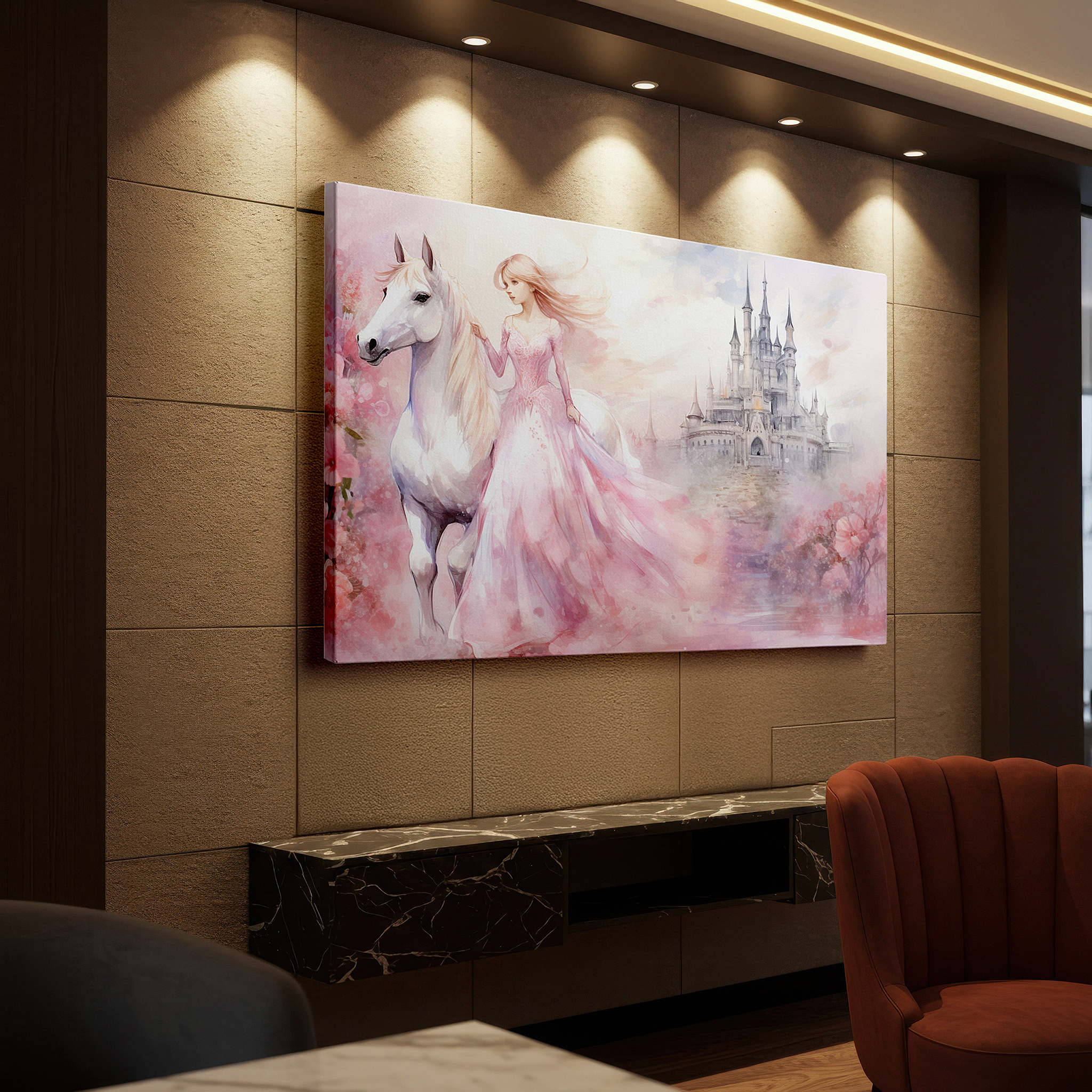 Hung in a cozy reading nook beside a floor lamp and bookshelf — enchanted princess and white horse at a fairy tale castle with blossoms, large canvas wall art for office and bedroom decor
