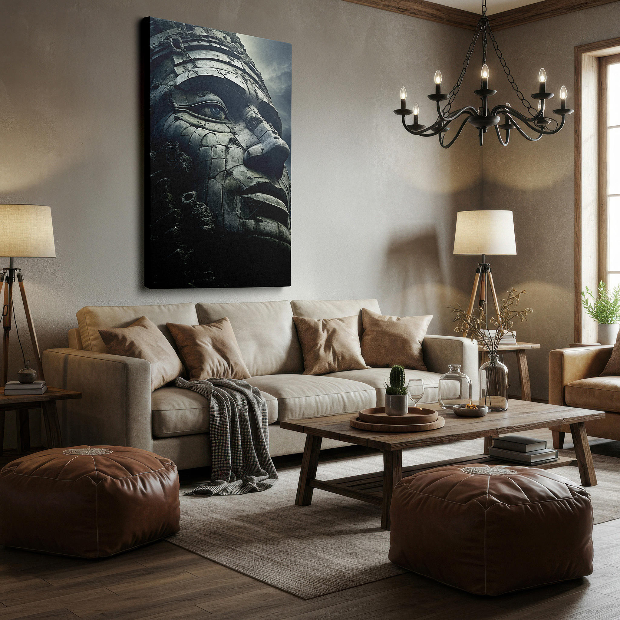 Hung in a cozy reading nook beside a floor lamp and bookshelf — enchanting stone face canvas: textured and historically rich large wall art for offices and bedrooms