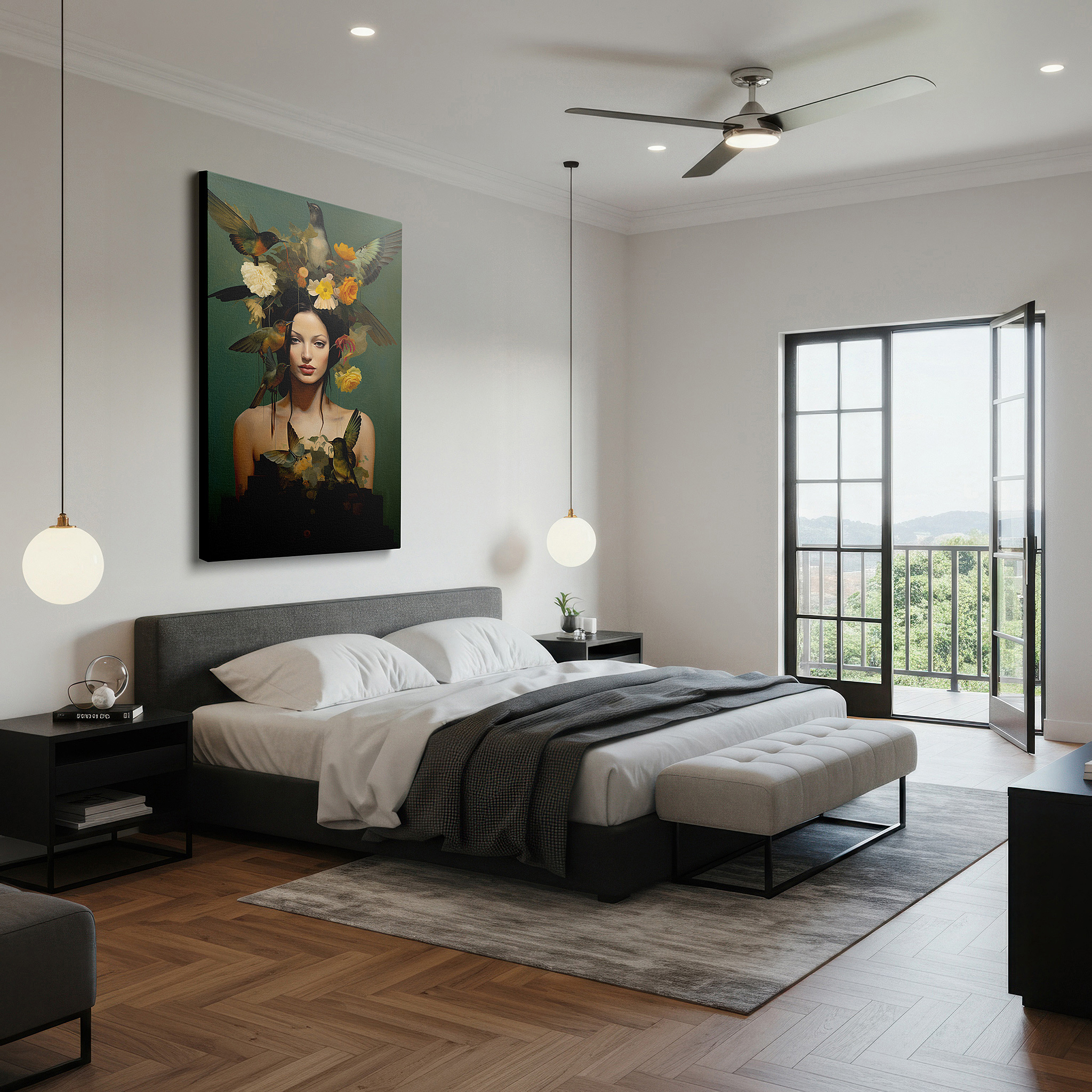 Hung in a cozy reading nook beside a floor lamp and bookshelf — ethereal beauty and freedom with a crown of birds and flowers: large canvas wall art for office, bedroom, and living room decor