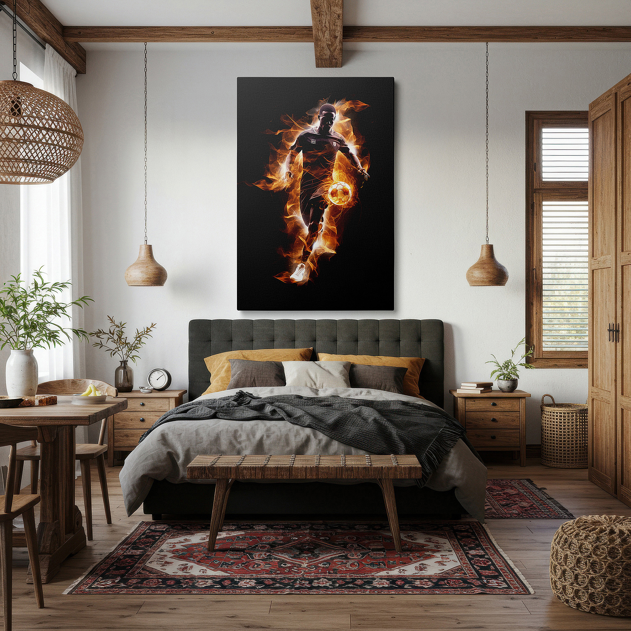 Hung in a cozy reading nook beside a floor lamp and bookshelf — fiery soccer spirit wall art - capturing the essence of passion and intensity in motion, perfect for office, bedroom, or living room decor