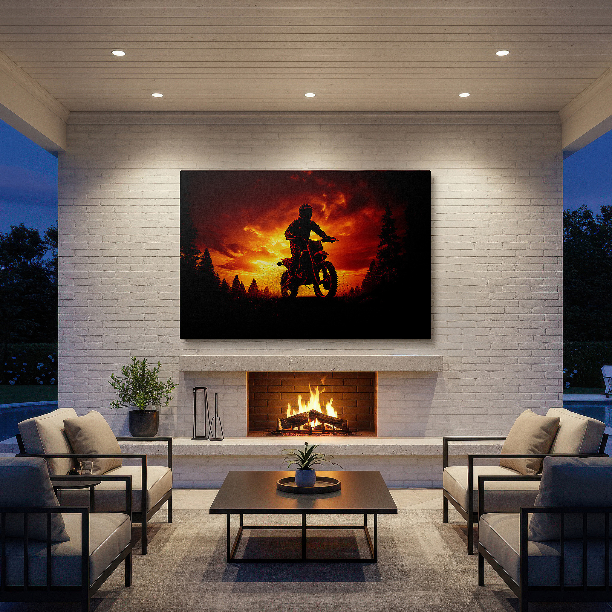 Hung in a cozy reading nook beside a floor lamp and bookshelf — freedom's silhouette - motorcycle adventure sunset canvas: large wall art for office and bedroom decor