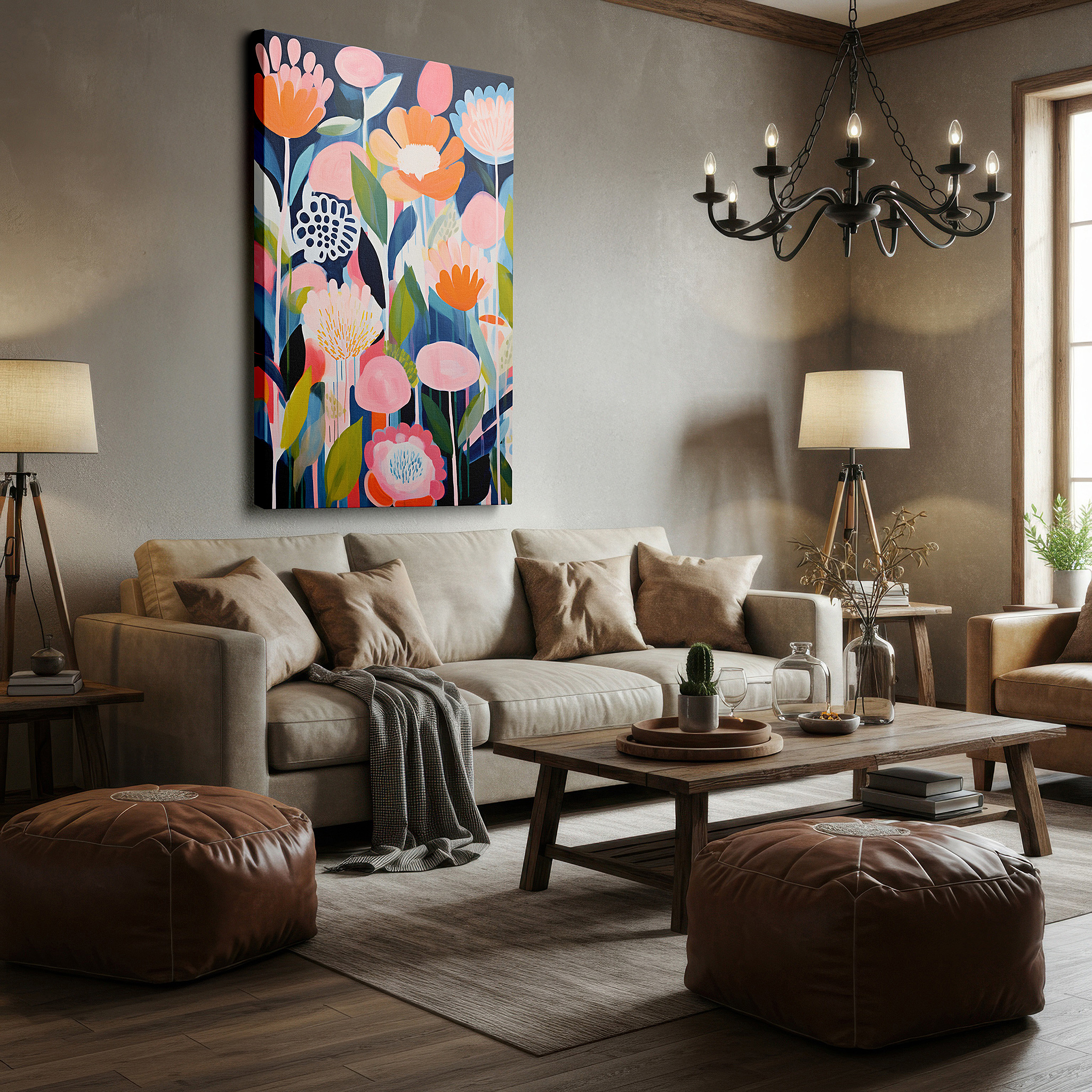Hung in a cozy reading nook beside a floor lamp and bookshelf — garden of glow: dynamic light and shadow dance with bright, blooming flowers - large wall art, canvas wall art, wall decor for office