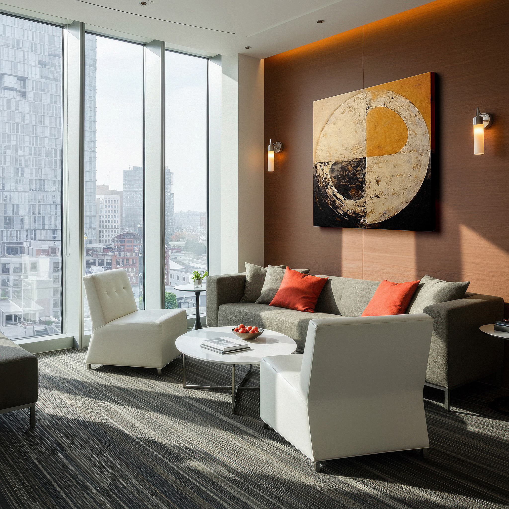 Hung in a cozy reading nook beside a floor lamp and bookshelf — golden circle abstract wall art: radiant earth tones symbolizing unity, ideal for office and bedroom decor, large canvas