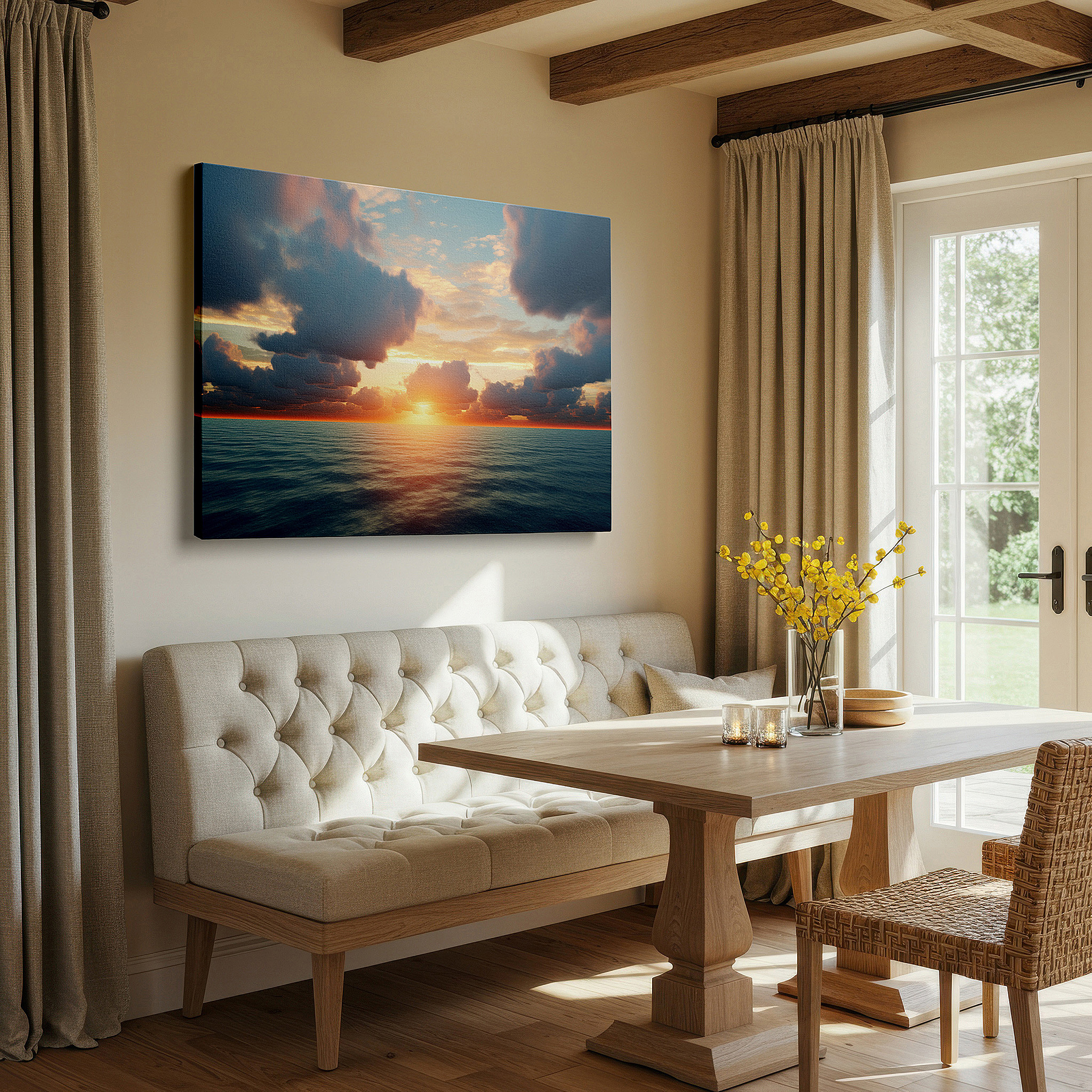 Hung in a cozy reading nook beside a floor lamp and bookshelf — golden coastal sunset serene scene with tranquil waters - large canvas wall art for office, bedroom, and living room decor
