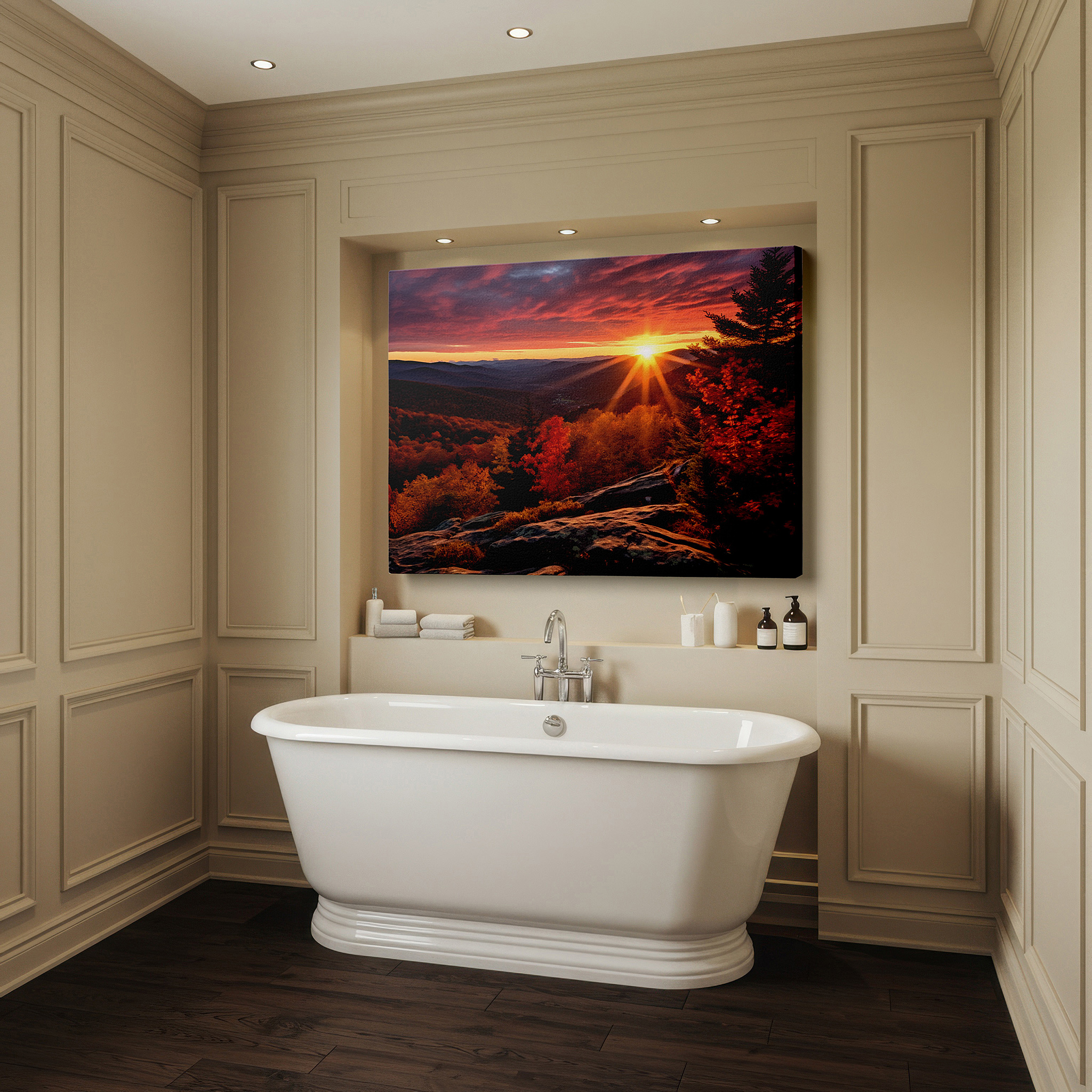 Hung in a cozy reading nook beside a floor lamp and bookshelf — golden hour sunset over majestic mountains amidst autumn's vibrant tapestry large wall art, canvas wall art, wall art decor, office wall art, bedroom wall art