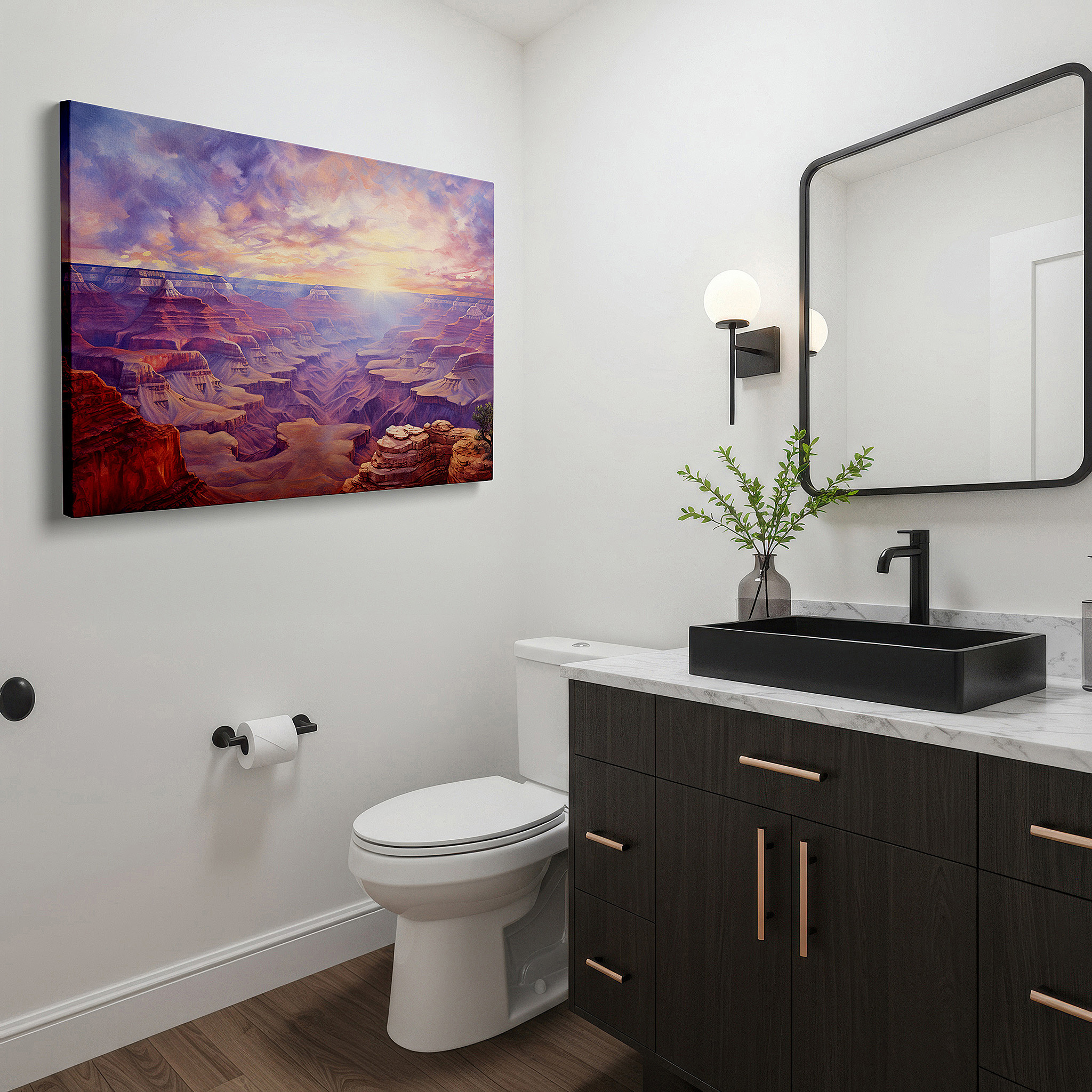 Hung in a cozy reading nook beside a floor lamp and bookshelf — grand canyon sunrise wall art: experience the fiery glow and rugged majesty of nature - large canvas for home or office decor