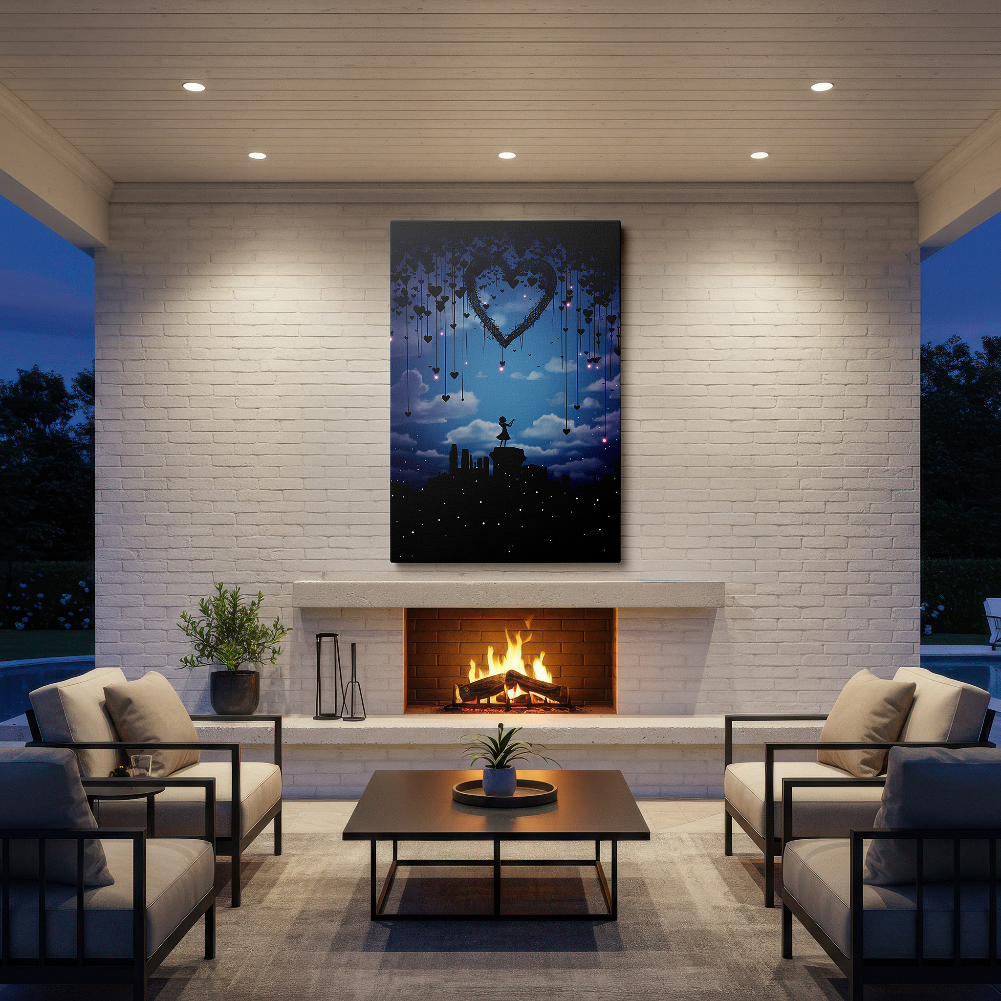 Hung in a cozy reading nook beside a floor lamp and bookshelf — heart-shaped constellation over girl on cliff - symbolizing love and hope, large canvas wall art for home and office decor