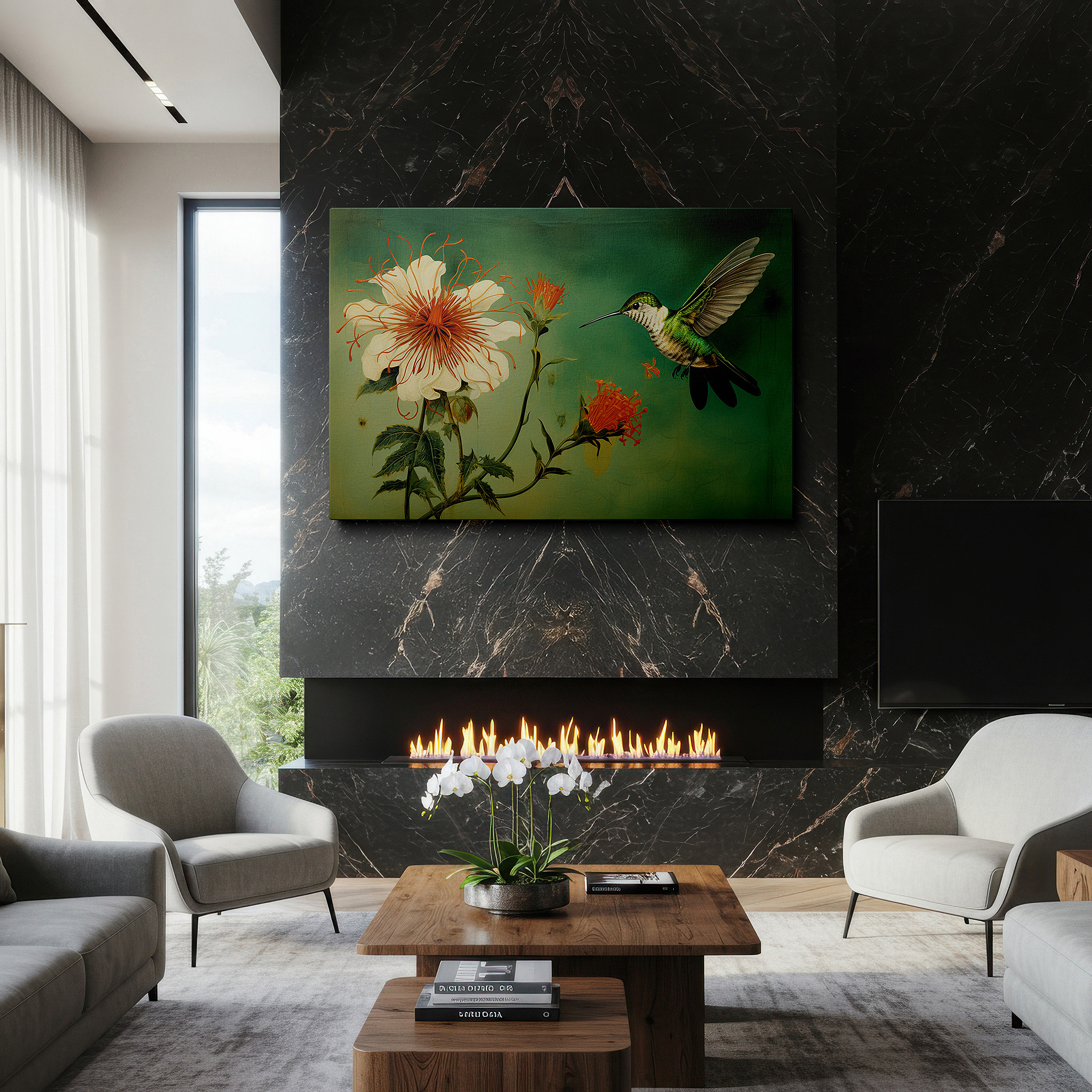 Hung in a cozy reading nook beside a floor lamp and bookshelf — hummingbird and flower: a graceful display of nature's elegance and swiftness - large wall art, canvas wall art, wall decor for office and bedroom