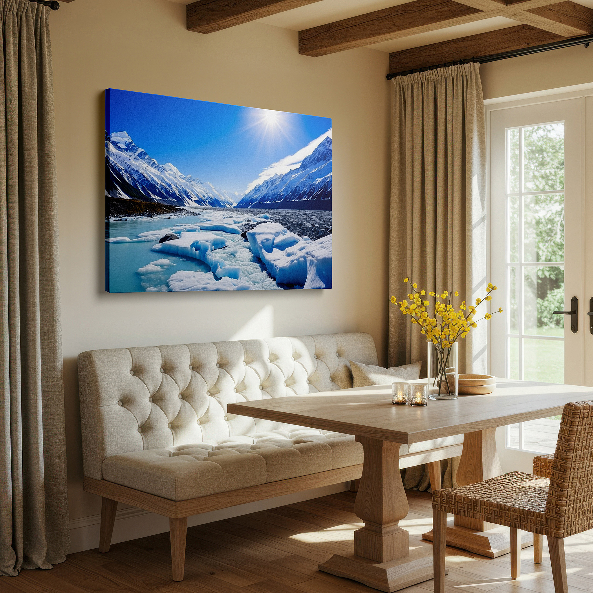 Hung in a cozy reading nook beside a floor lamp and bookshelf — ice and sky waltz in hues at dawn or dusk: reflecting nature's serene grandeur - large wall art, canvas wall art, wall decor, office wall art