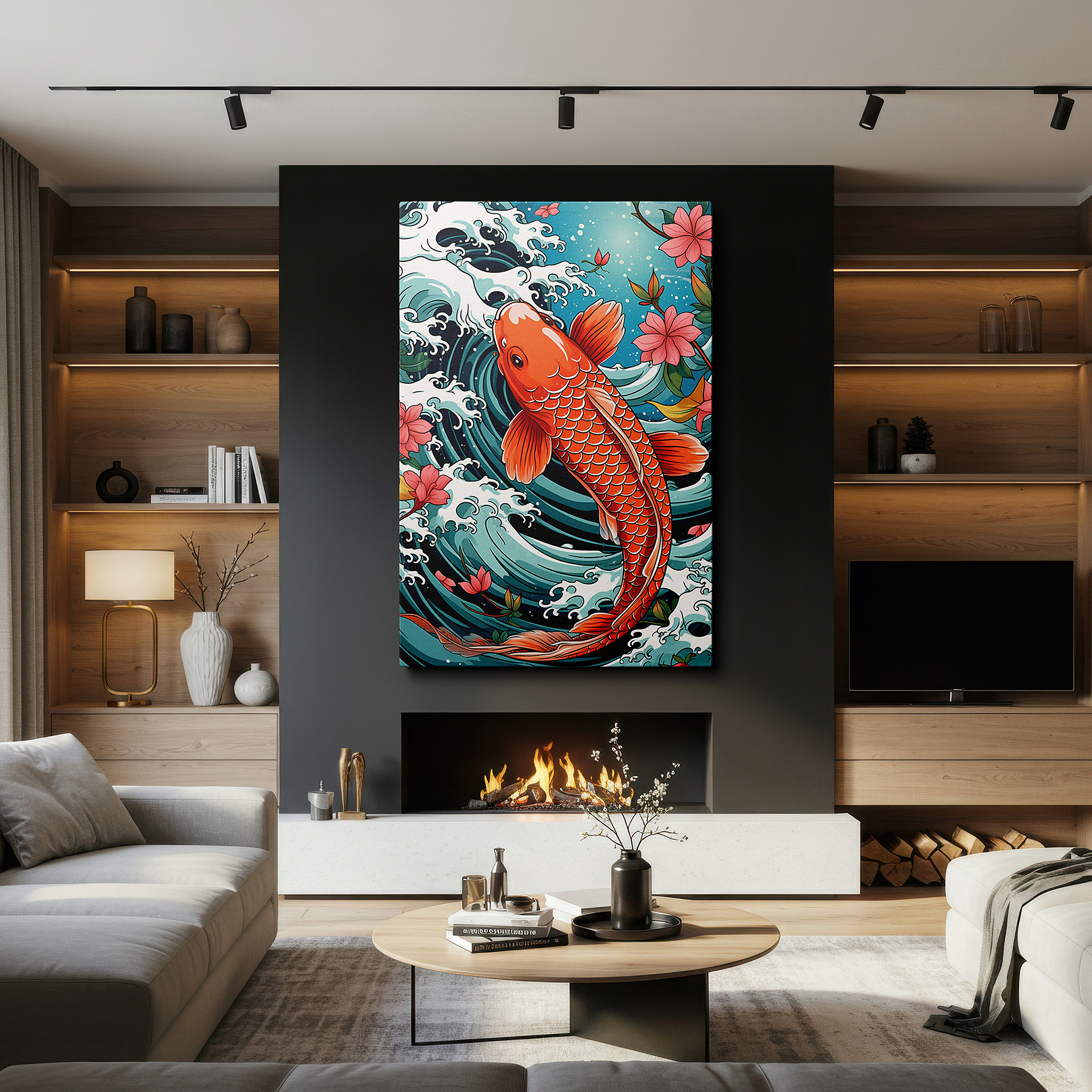 Hung in a cozy reading nook beside a floor lamp and bookshelf — koi fish and cherry blossoms: navigating tranquil waters amidst stormy seas - oversized wall art, canvas art, home and office decor, suitable for living rooms and bedrooms