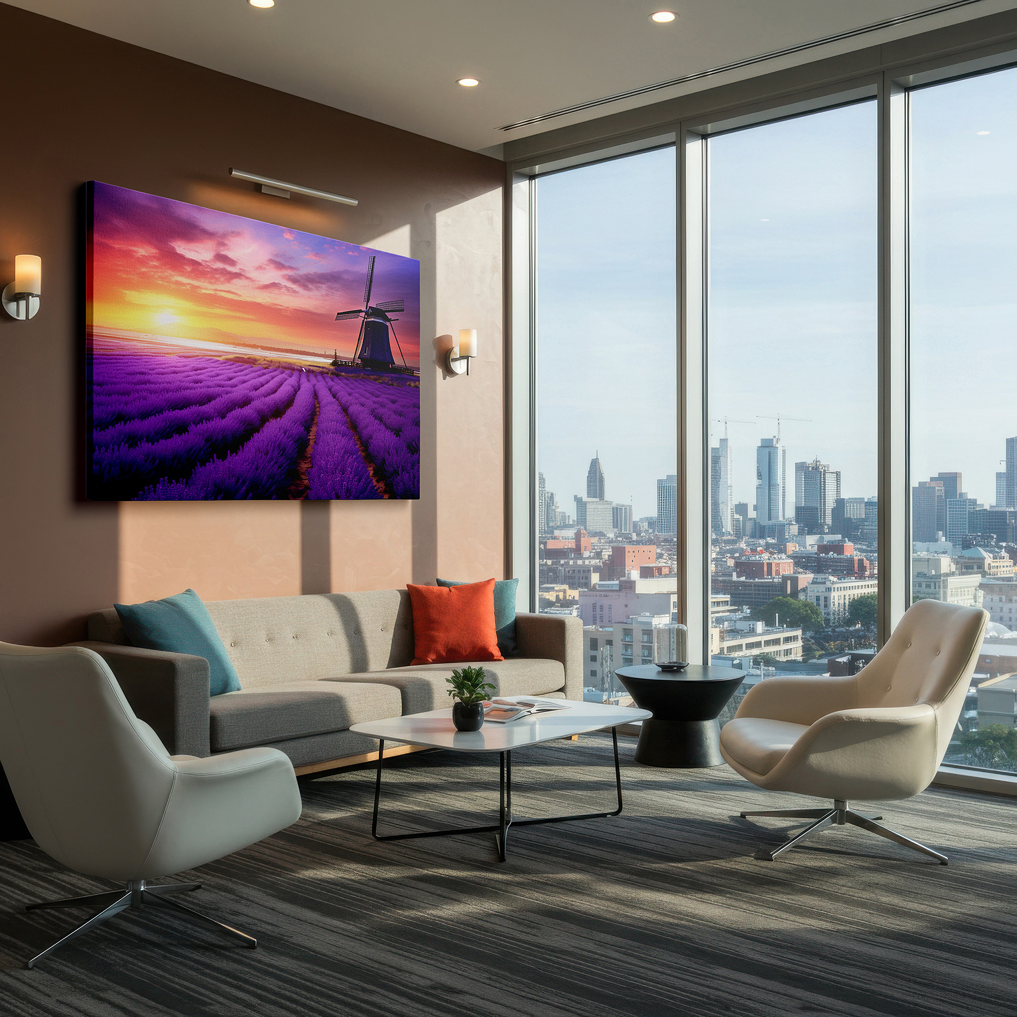 Hung in a cozy reading nook beside a floor lamp and bookshelf — lavender fields with rustic windmill at sunset large canvas wall art for office, bedroom, and living room decor