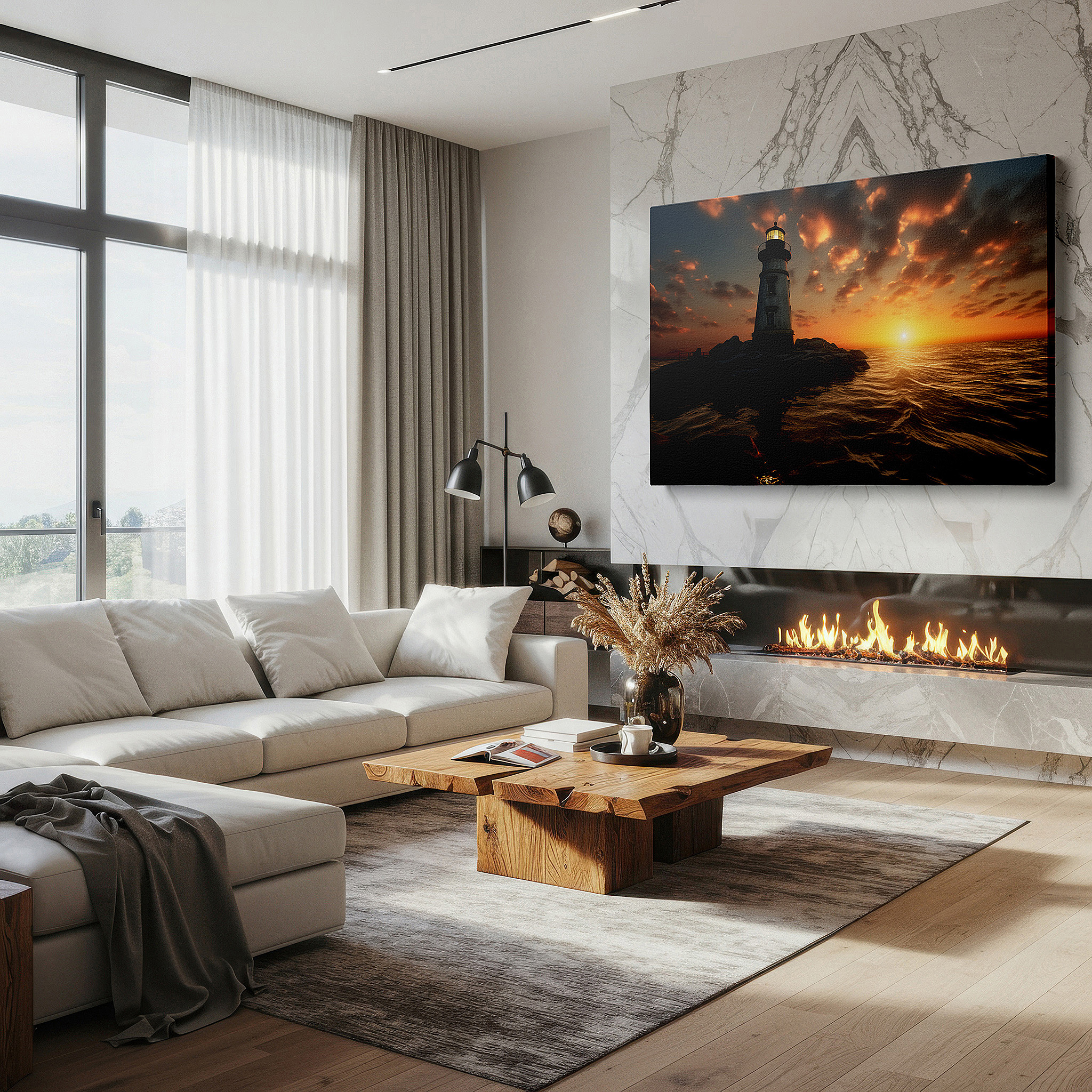 Hung in a cozy reading nook beside a floor lamp and bookshelf — lighthouse on rugged cliffs wall art: guiding from day to night, perfect for office or bedroom decor, available as large canvas