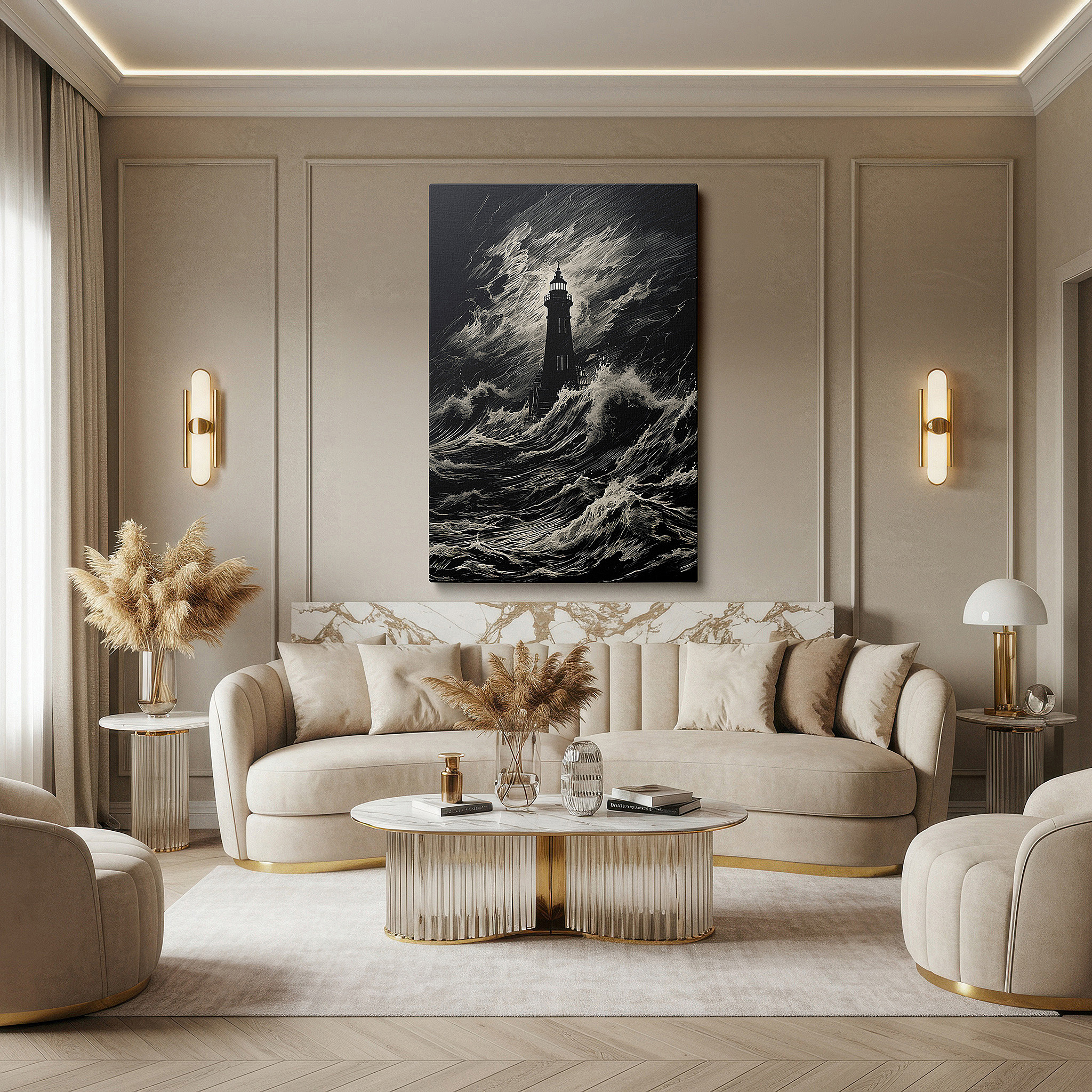 Hung in a cozy reading nook beside a floor lamp and bookshelf — lighthouse in the storm wall art - symbolizing hope and resilience, perfect for home or office decor, available as large canvas