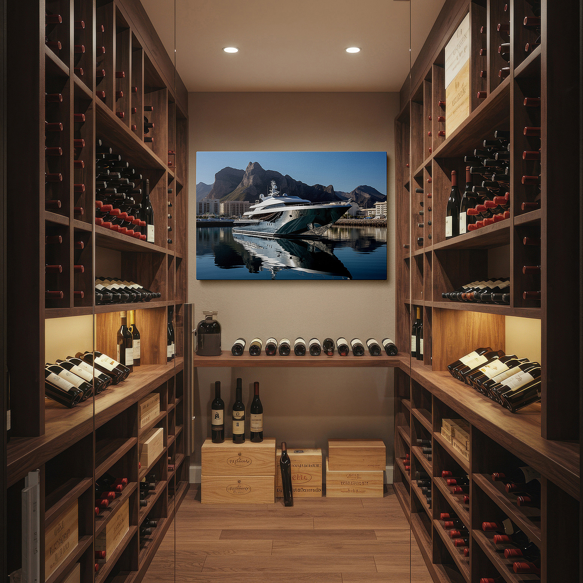 Hung in a cozy reading nook beside a floor lamp and bookshelf — luxurious coastal serenity: majestic yacht and misty mountain canvas wall art for office and bedroom decor