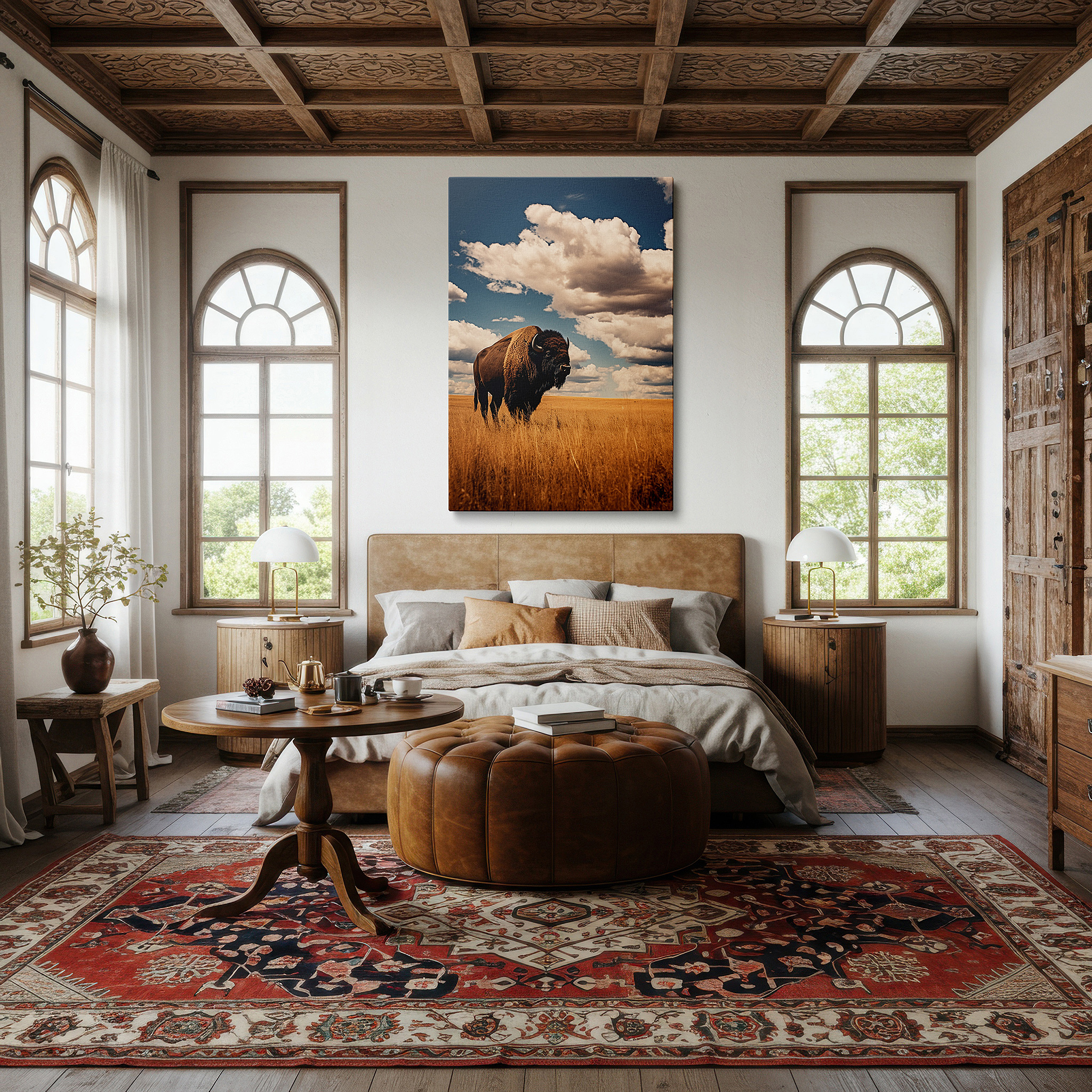Hung in a cozy reading nook beside a floor lamp and bookshelf — majestic bison on golden prairie under expansive blue sky - large canvas wall art for office, bedroom, and living room decor