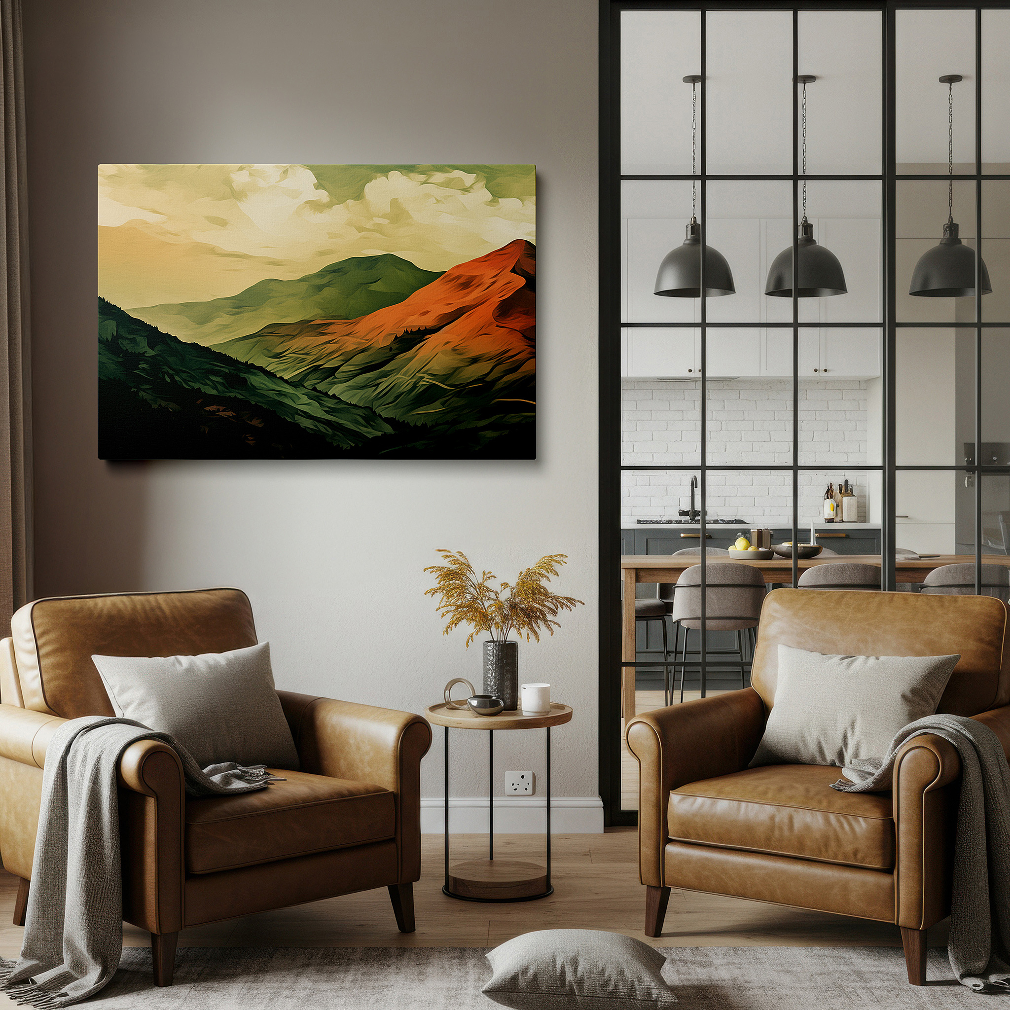 Hung in a cozy reading nook beside a floor lamp and bookshelf — majestic mountain vista wall art with earthy tones blending land and sky, large canvas for office, bedroom, or living room decor
