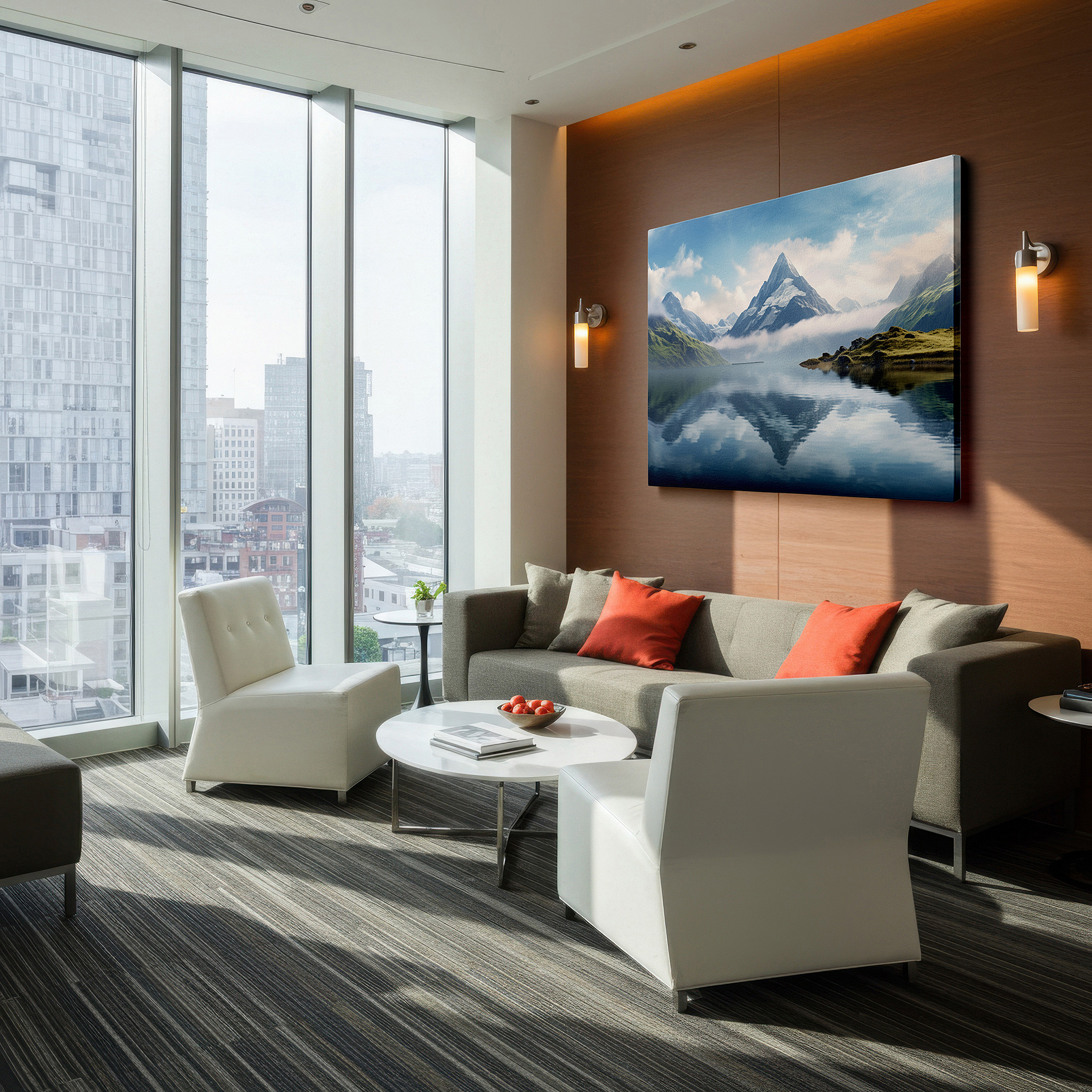 Hung in a cozy reading nook beside a floor lamp and bookshelf — majestic mountains and peaceful lake reflections - a calming and refreshing landscape for any space, large wall art, canvas wall art, wall decor
