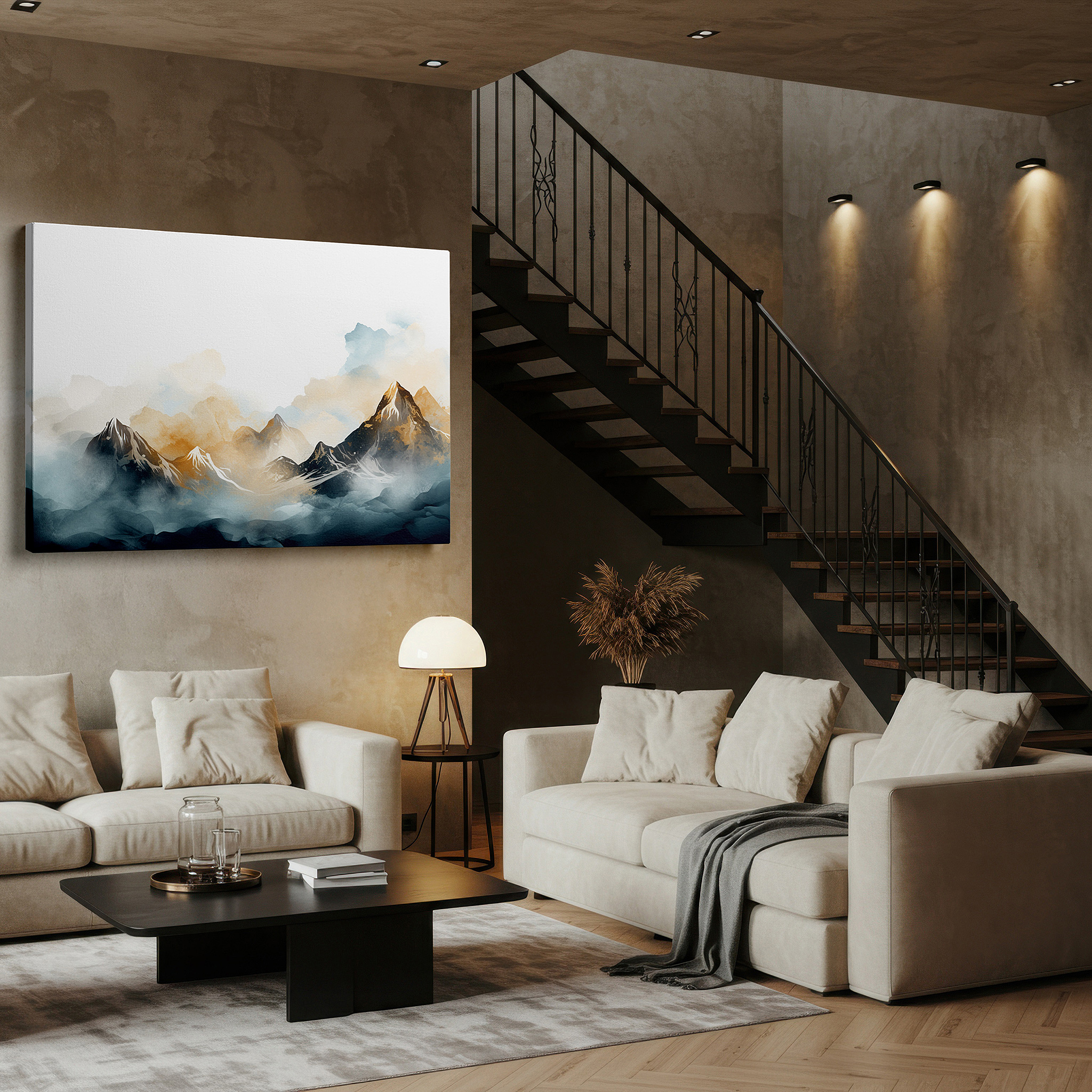 Hung in a cozy reading nook beside a floor lamp and bookshelf — majestic mountains shrouded in mist, play of light and shadow, large wall art, canvas wall art, wall decor for office and bedroom