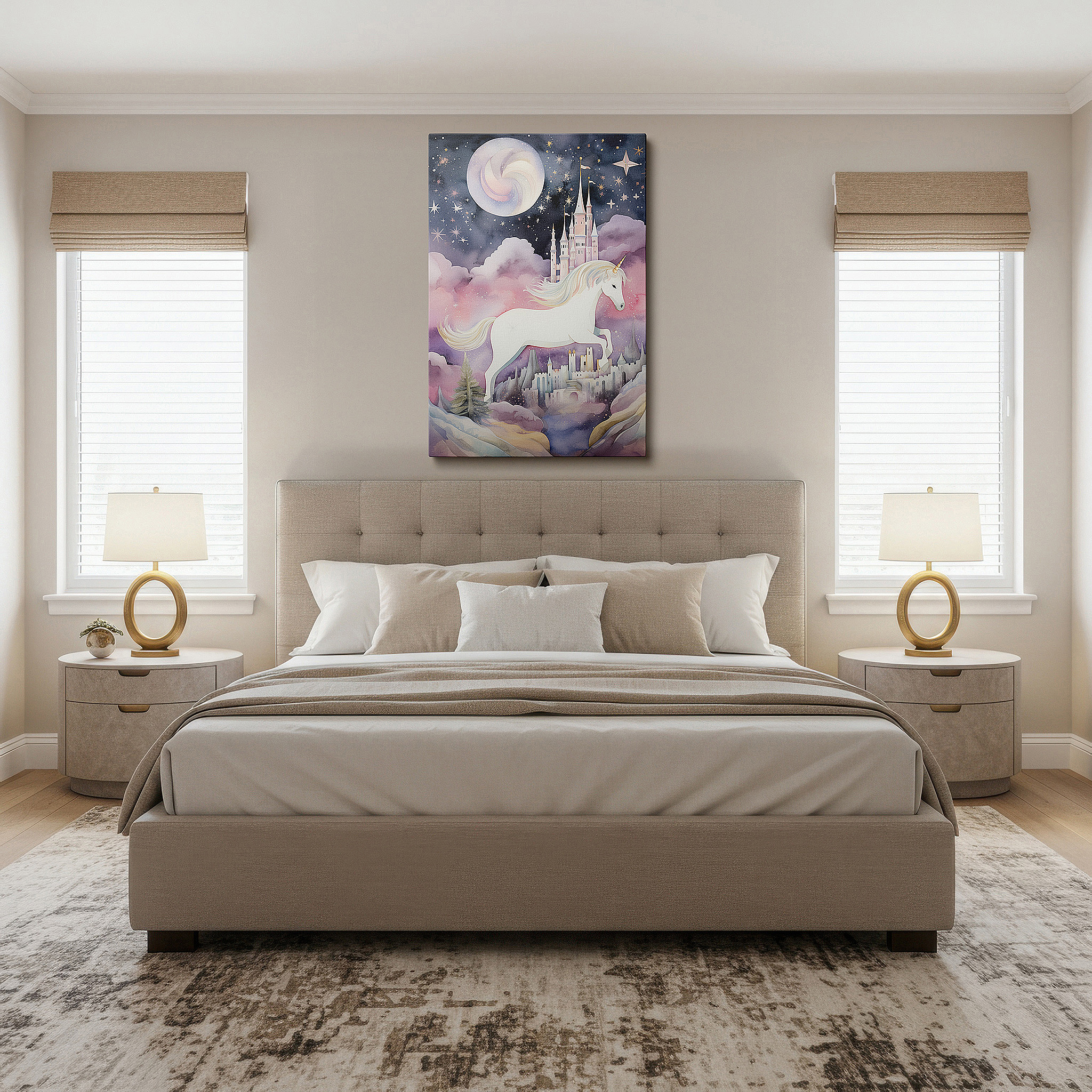 Hung in a cozy reading nook beside a floor lamp and bookshelf — majestic unicorn twilight leap wall art, silver mane and moonlit castle canvas, decorative wall art for office and bedroom