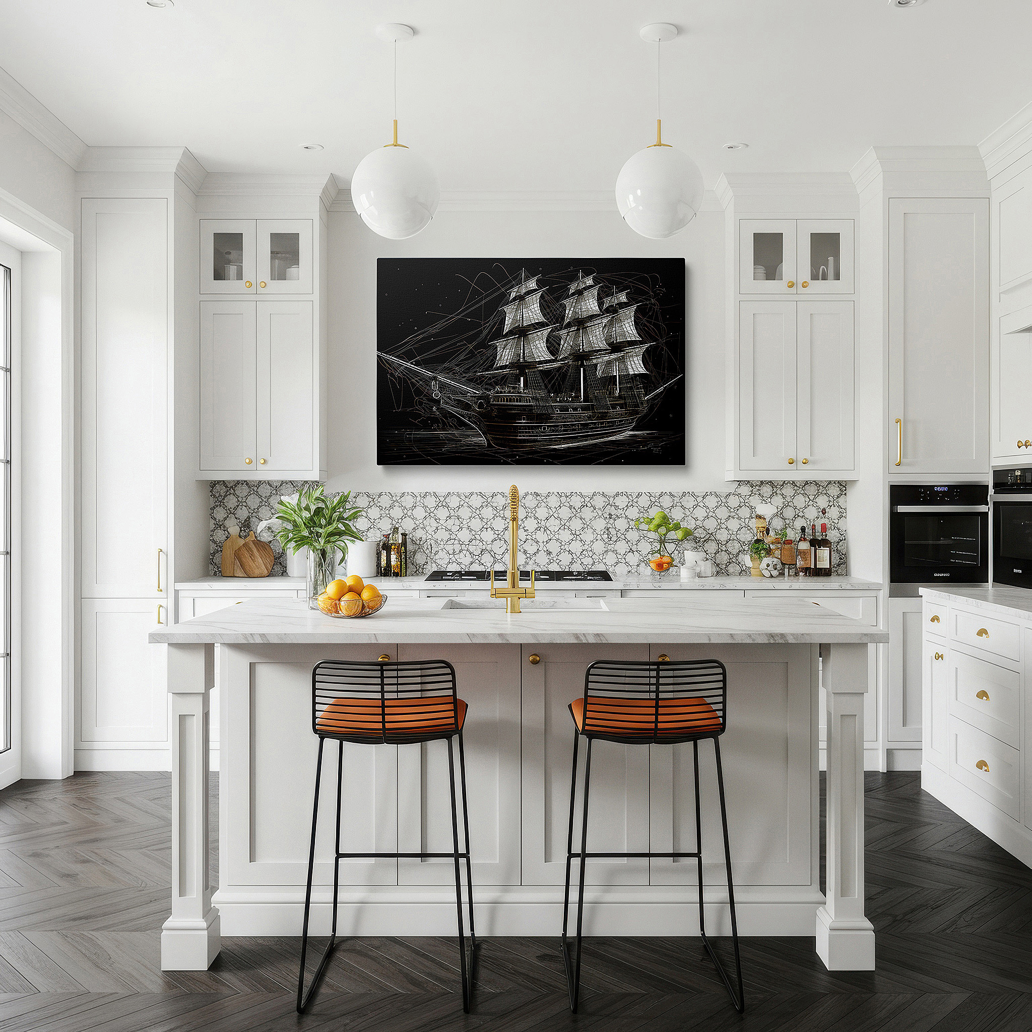 Hung in a cozy reading nook beside a floor lamp and bookshelf — maritime masterpiece wall art: wireframe ship design showcasing architectural elegance - ideal for office, bedroom, and home decor