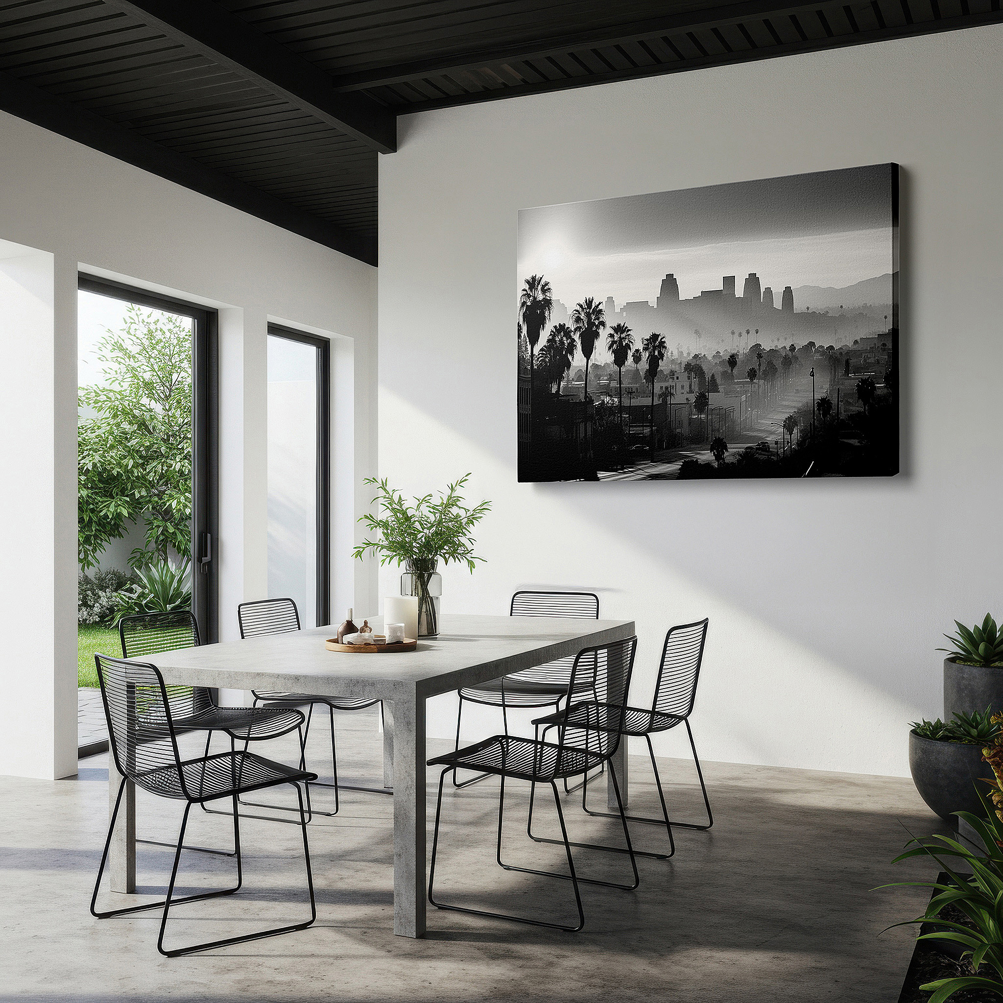 Hung in a cozy reading nook beside a floor lamp and bookshelf — misty dawn and palm silhouettes over cityscape large canvas wall art for office decor