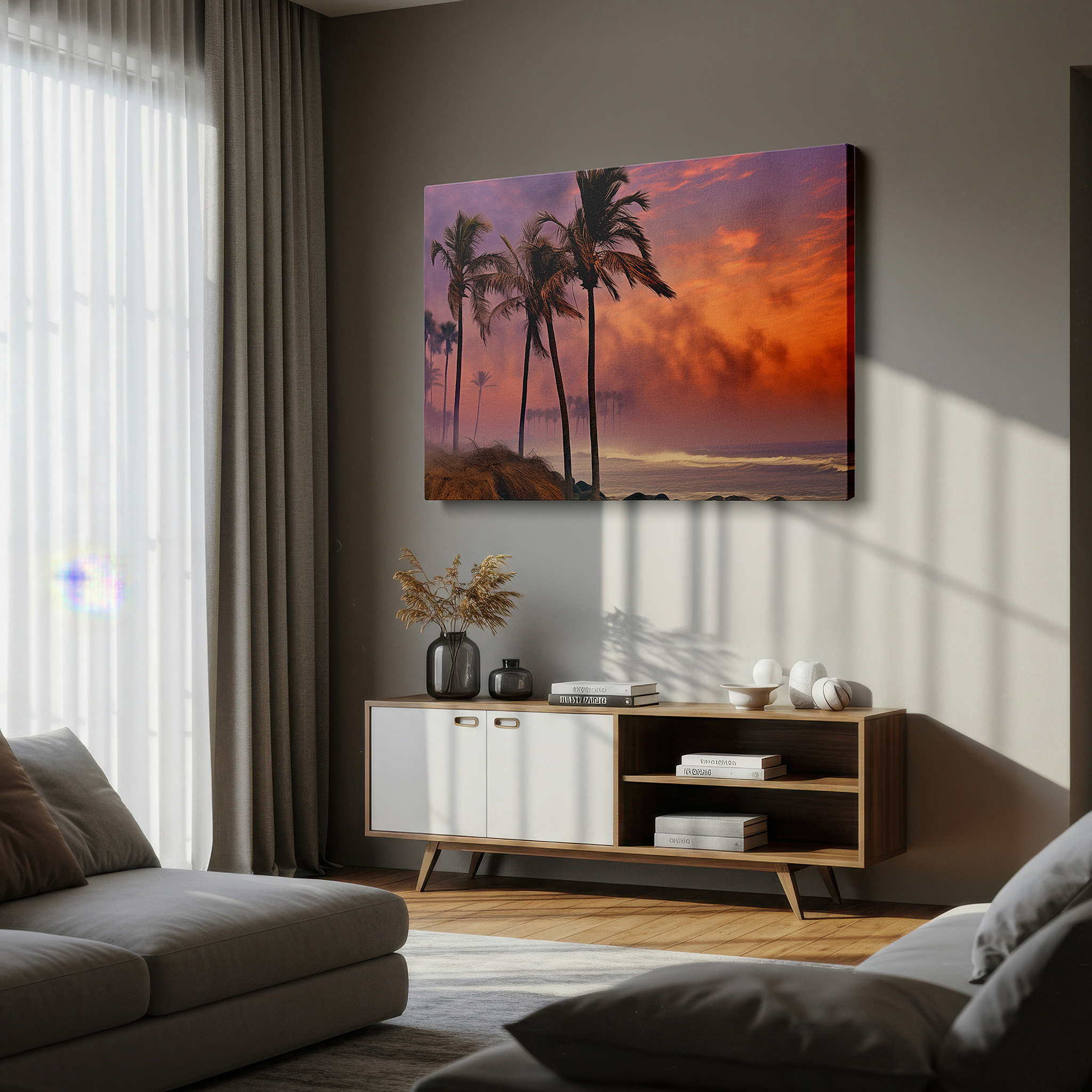 Hung in a cozy reading nook beside a floor lamp and bookshelf — misty serene beachfront dawn, tranquil seascape awakening, large canvas wall art for office decor