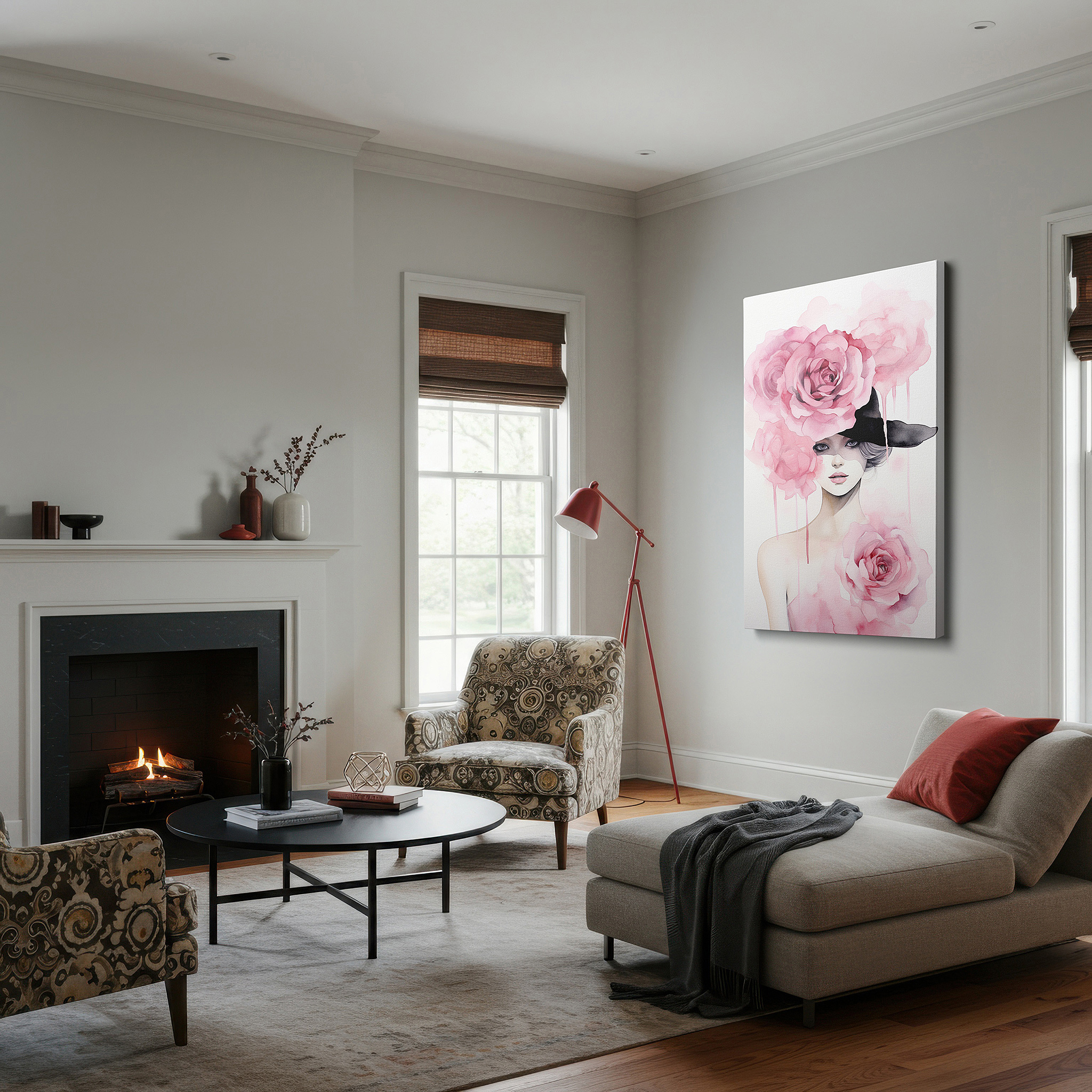 Hung in a cozy reading nook beside a floor lamp and bookshelf — modern elegance in bold femininity: black hat and pink roses - nature-inspired large wall art, canvas wall art, wall decor for office