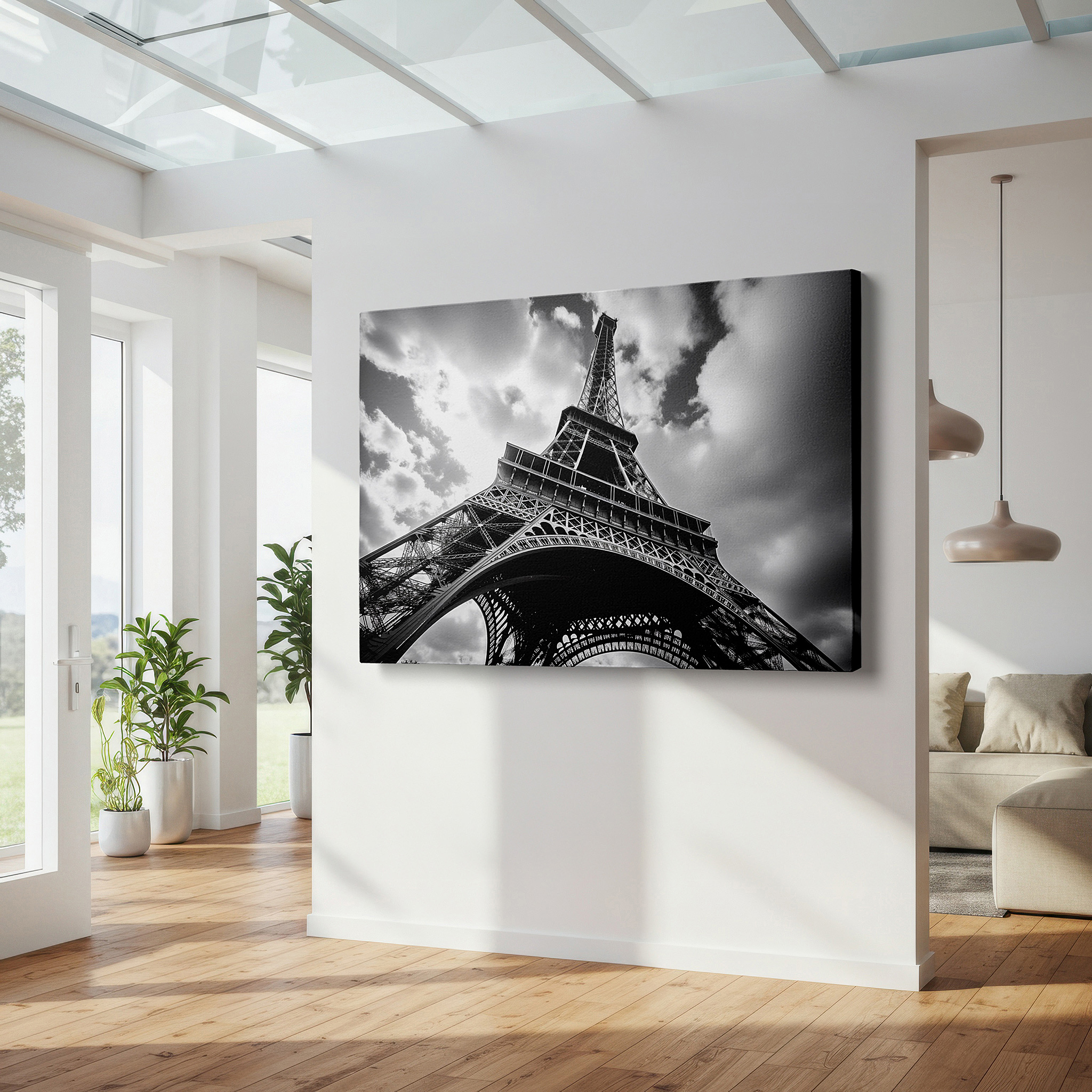 Hung in a cozy reading nook beside a floor lamp and bookshelf — monochrome tribute to the timeless elegance of the eiffel tower: iconic architecture large wall art, canvas wall art, wall decor for office